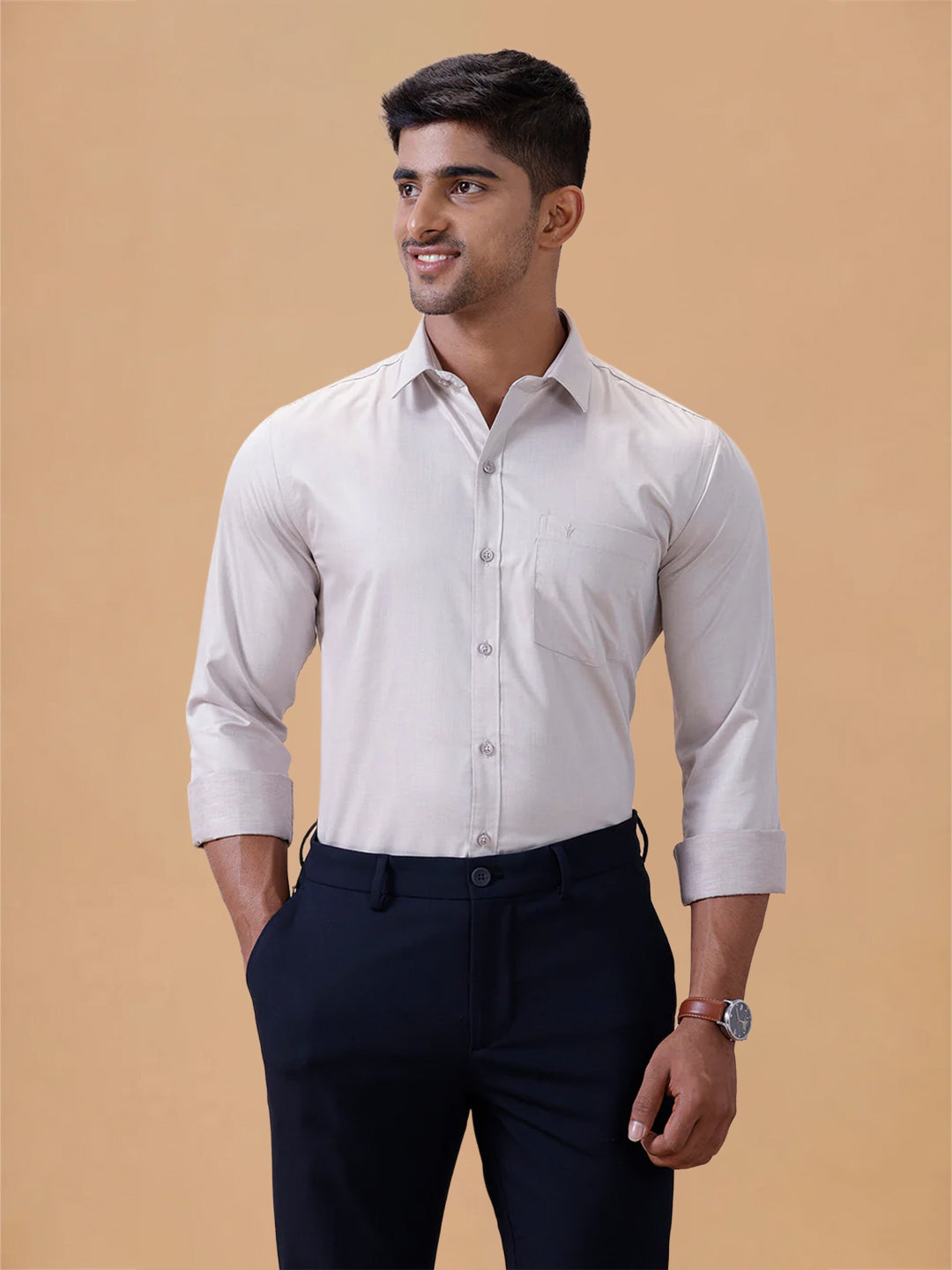 Cotton Rich LT Beige Grey Regular Fit Shirt T61 AKT5