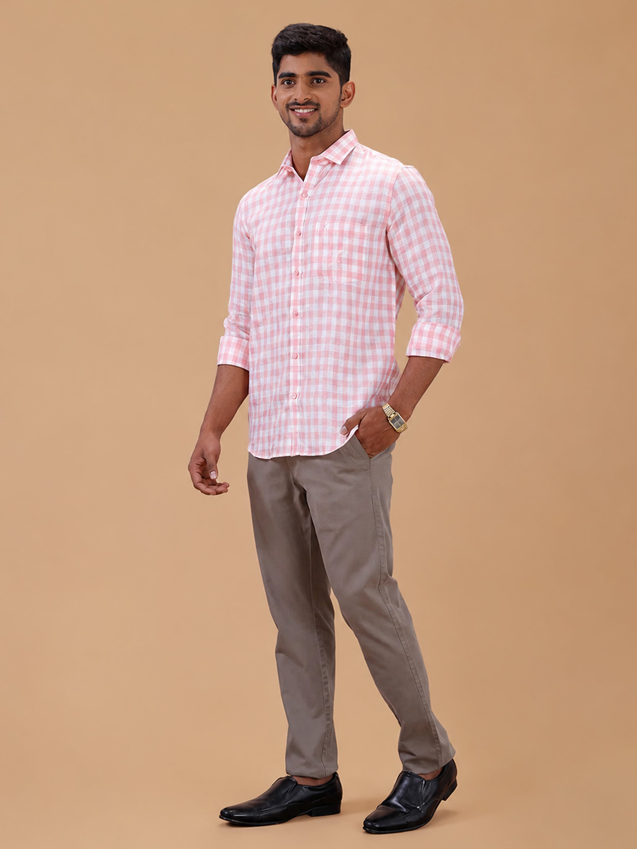 Pure Linen Rose Bud Checked Smart Fit Shirt LS2