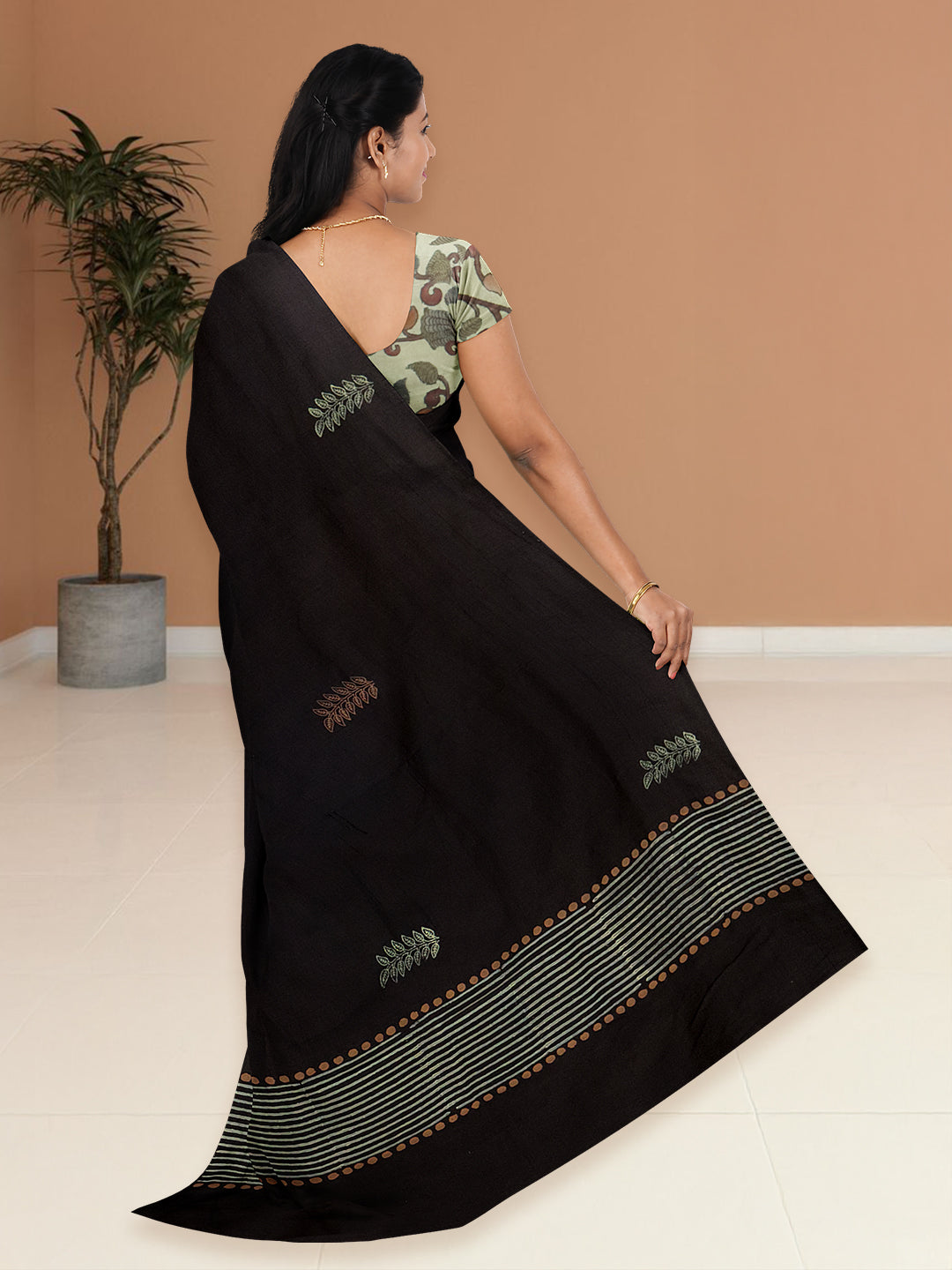 Women Black Cotton Saree with Double Blouse PCS215