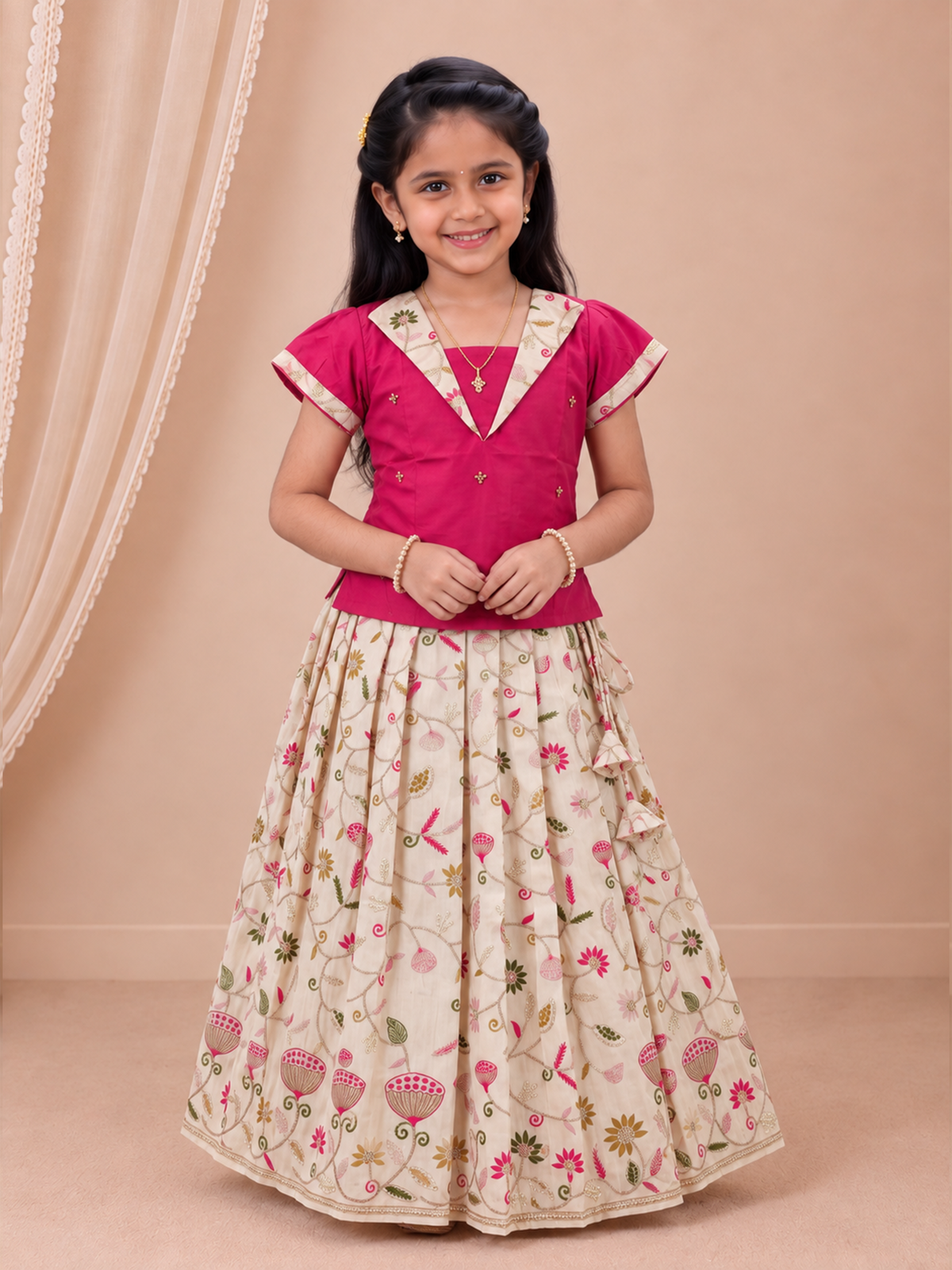 Girls Tissue Dark Pink With Cream Pattu Pavadai Set GPS68
