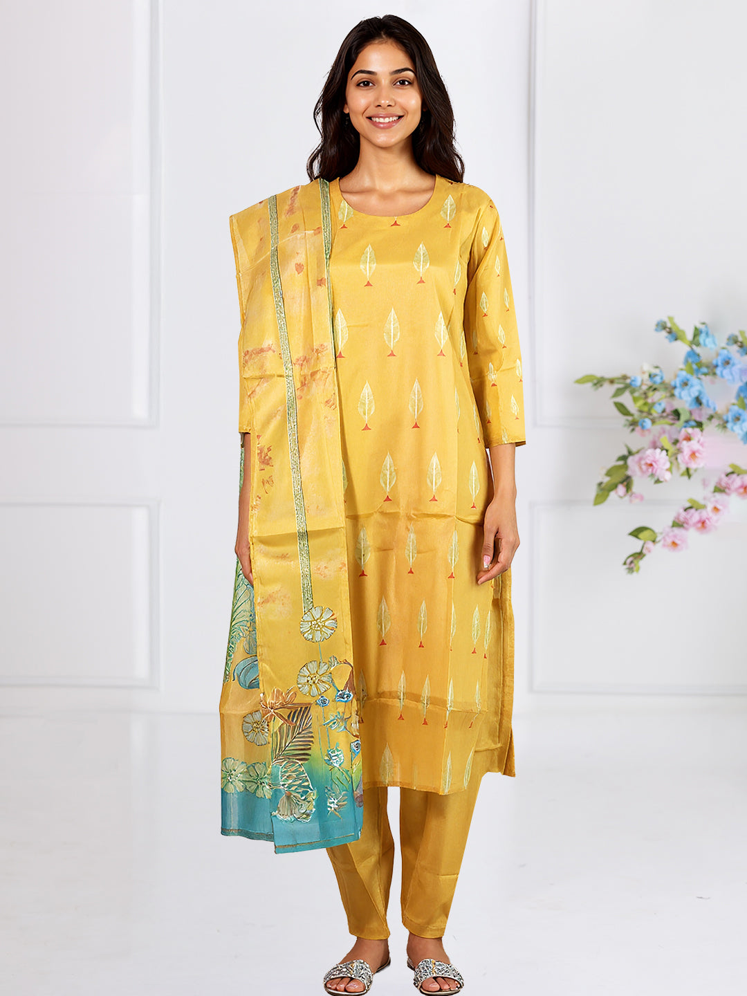 Women Mango Art Silk Printed Kurti Set EKS77