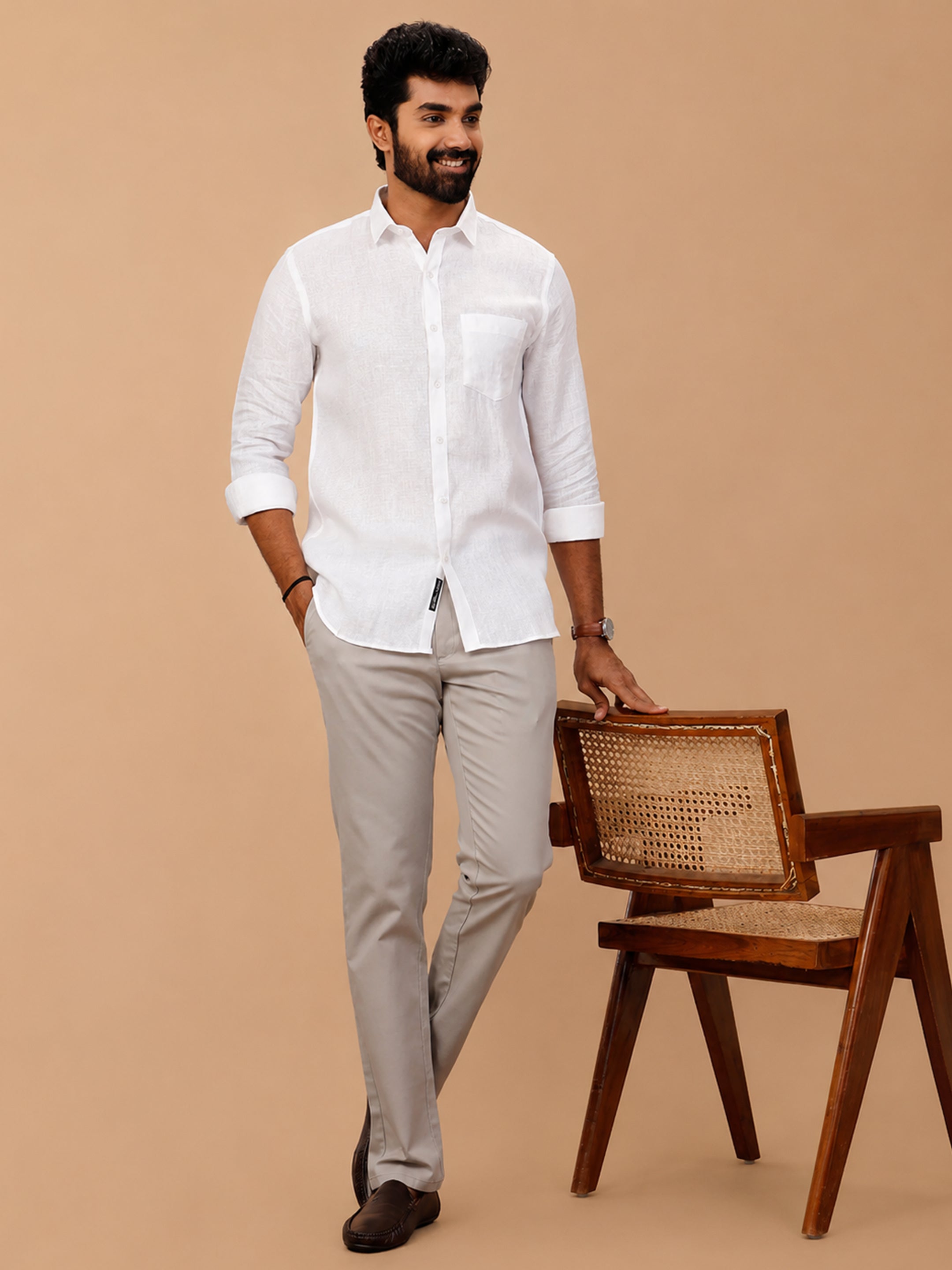 Pure Linen Self Design White Shirt LP1546JF