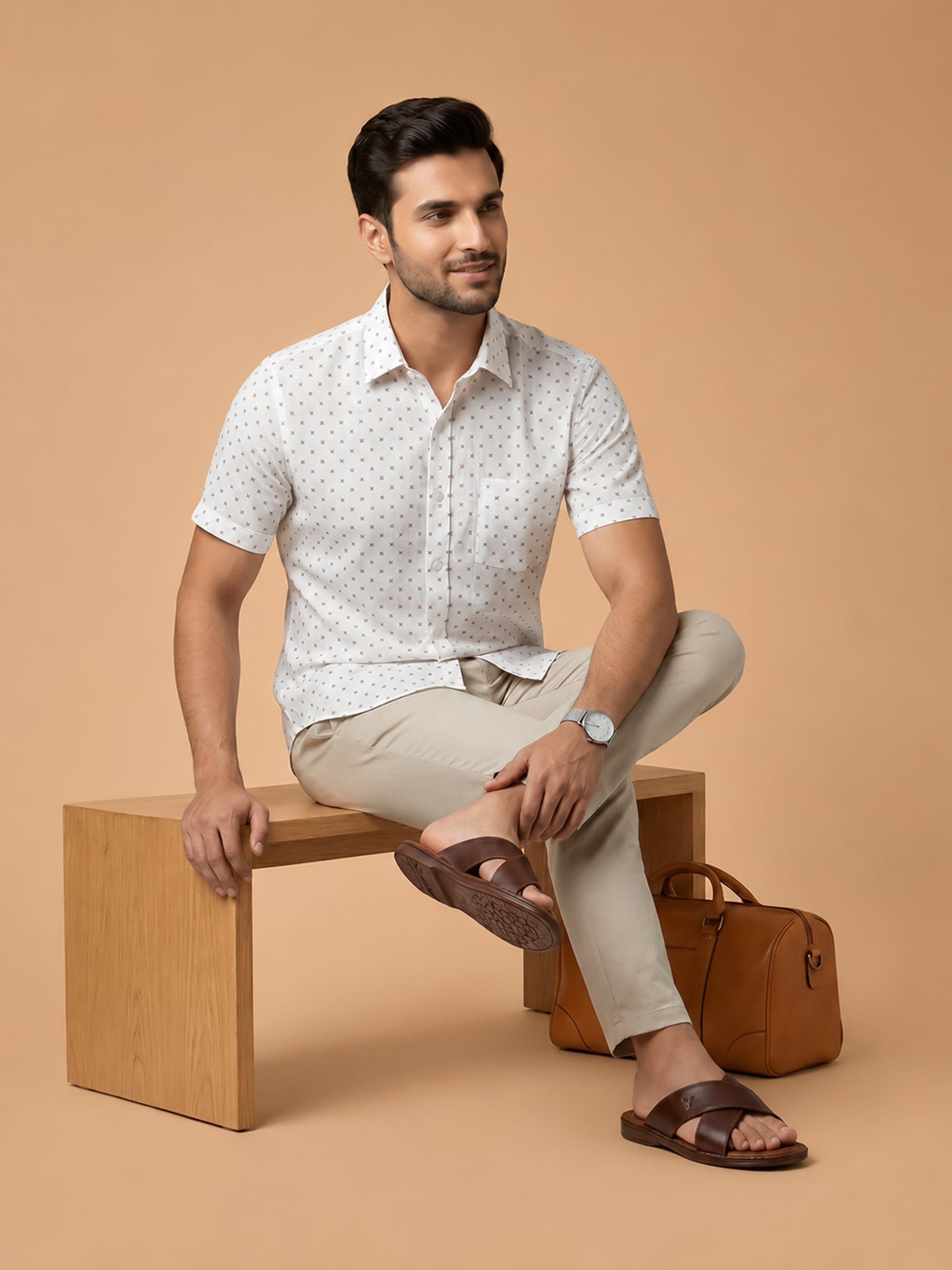 Cotton Rich White Printed Regular Fit Shirt T66 APT9