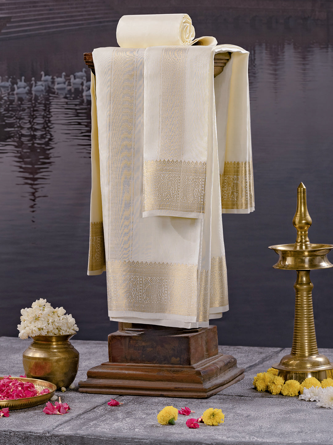 Premium Pure Silk Gold Jari Elephant Design Dhoti Shirting & Towel Set with 5" Jari Border – Rajadharbar