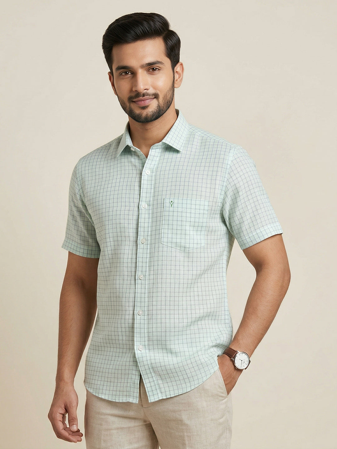 Men Pure Linen Checked Shirt Blue LS147