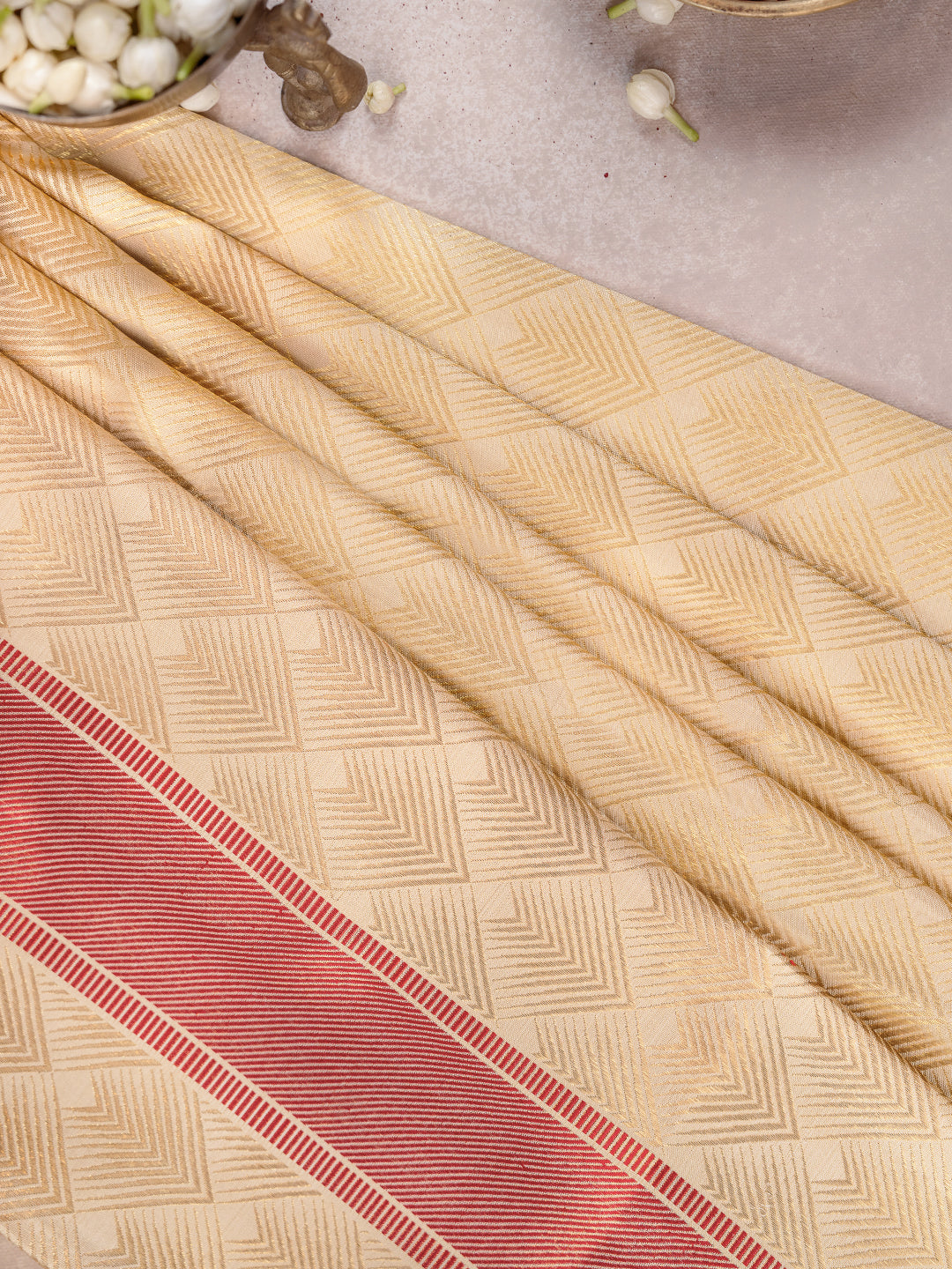 Pure Silk 4½" Fawn Dhoti & Towel Set – Amirtham Korvai Jari Self-Weaving Design