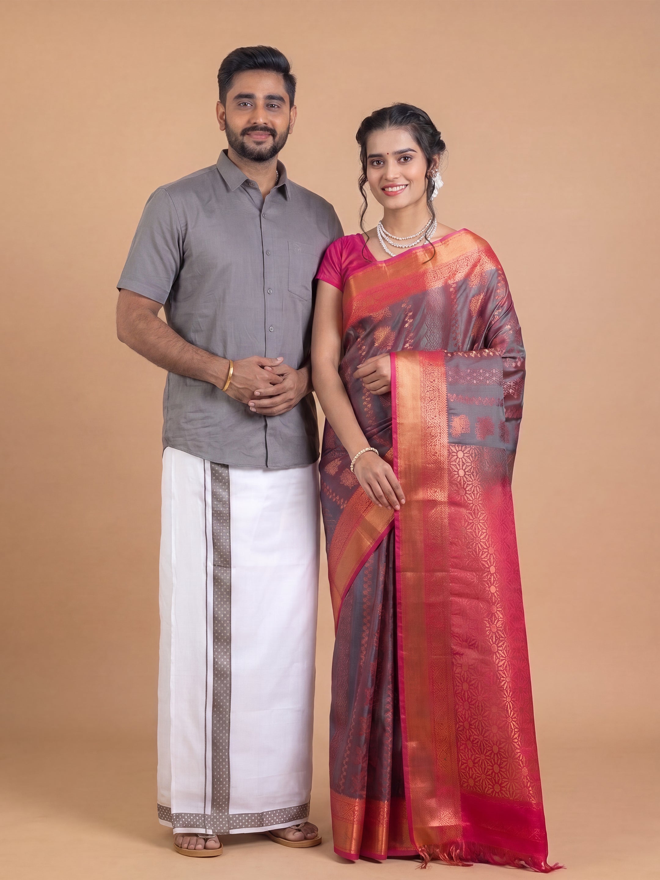Couple Combo Shirt & Dhoti Set with Saree Grey ASS116