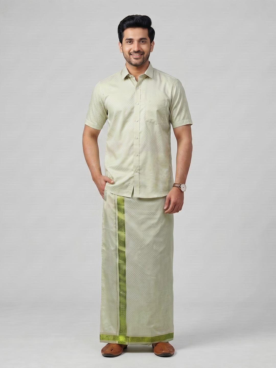 Men Moss Green Tissue Jacquard Shirt with Readymade Dhoti Set MGD12