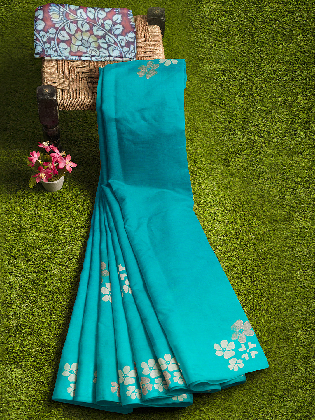 Women SkyBlue Cotton Saree with Double Blouse PCS209