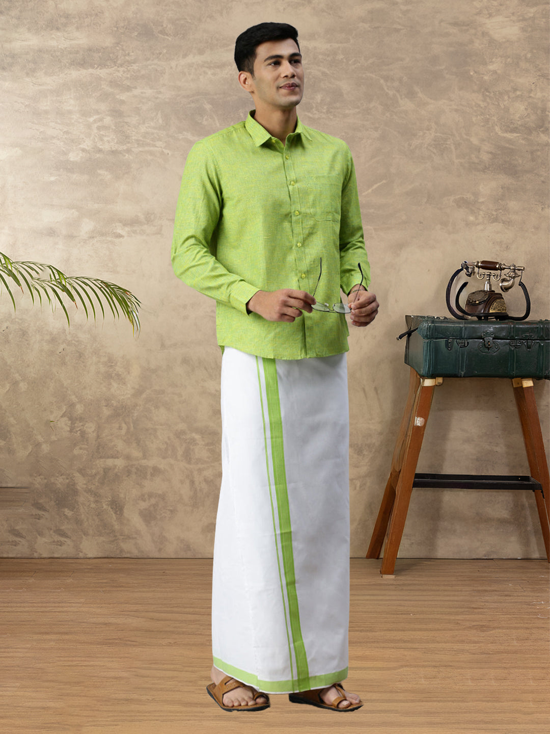 Mens Vetti Vaaram Matching Border Dhoti & Shirt Combo Parrot Green