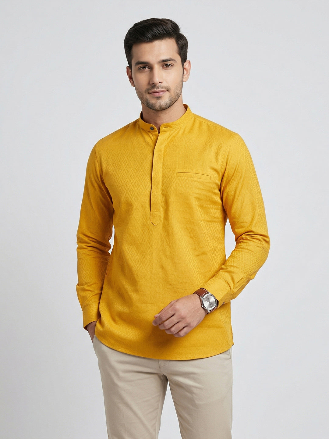 Men Cotton Short Length Self Design Pocket Kurta Glitter Yellow Y26