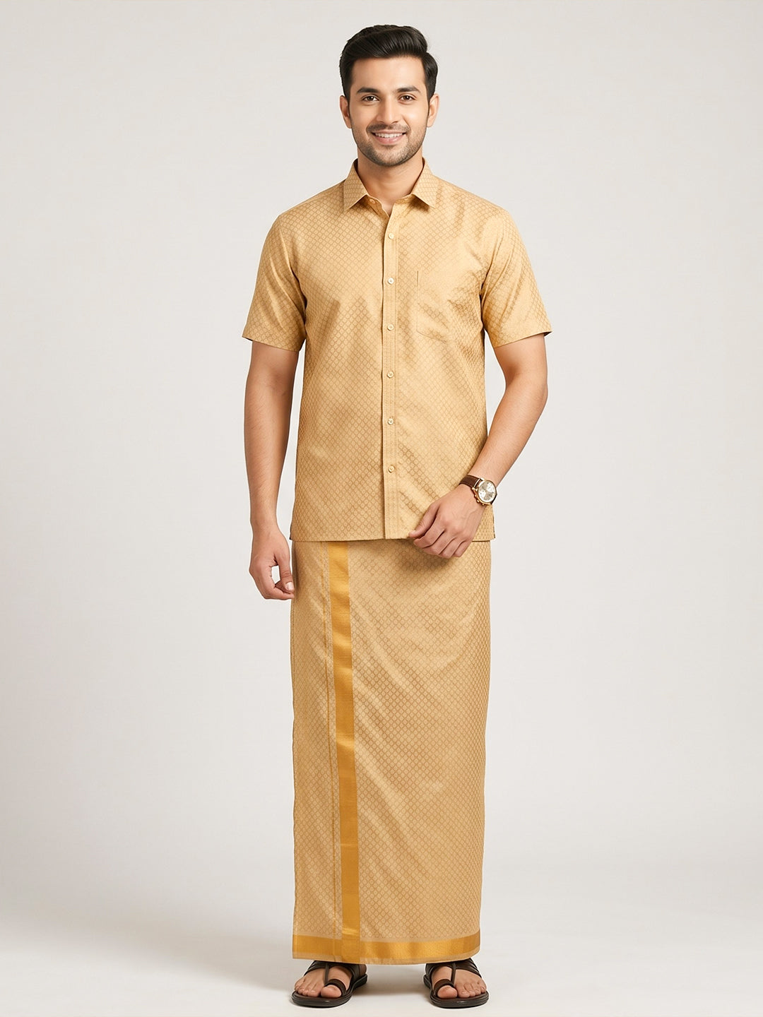 Men Gold Tissue Jacquard Shirt with Matching Dhoti Set GDP3