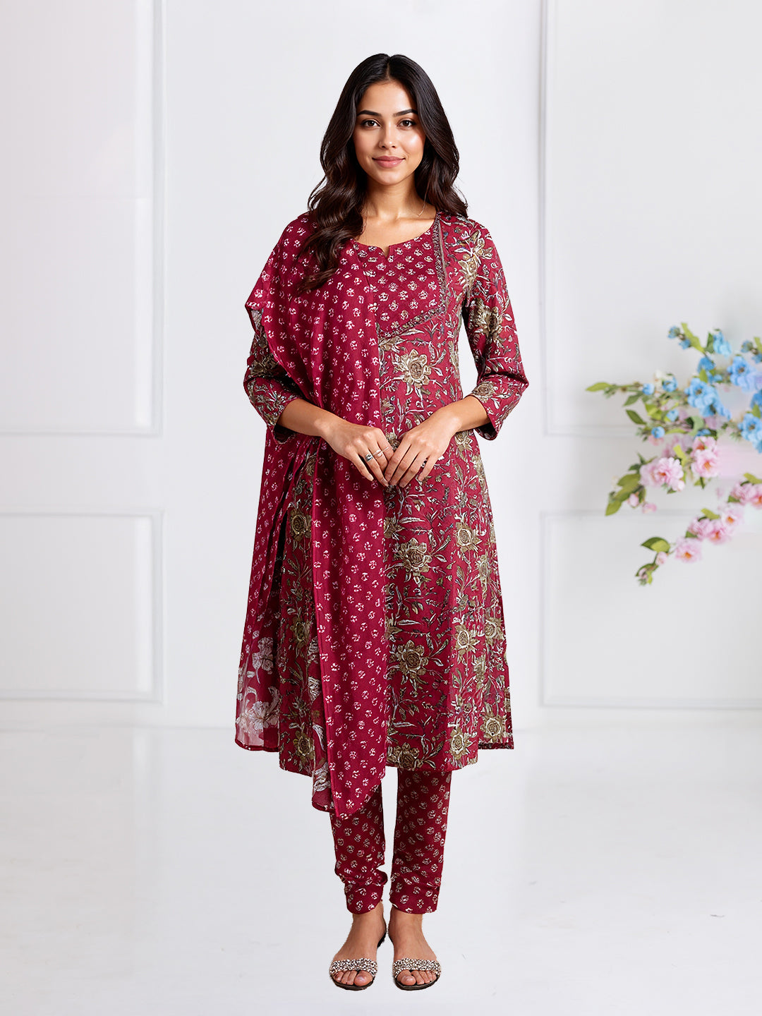 Women Red Cotton Printed Kurti Set EKS83