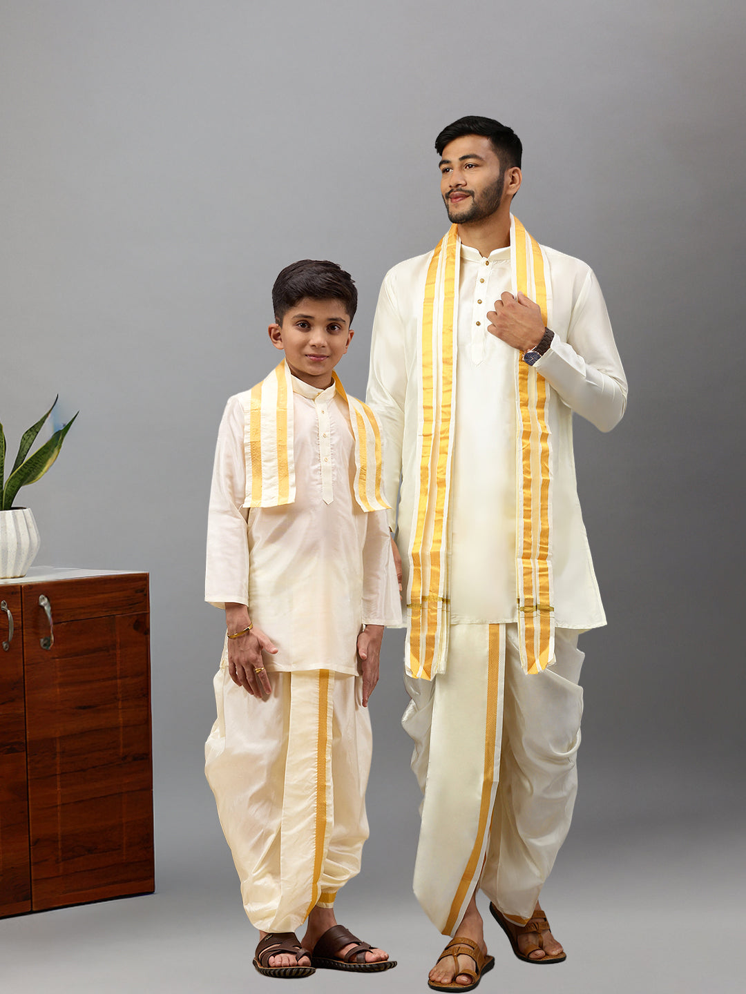 Like Father Like Son Cream Kurta Panchakacham & Towel Set