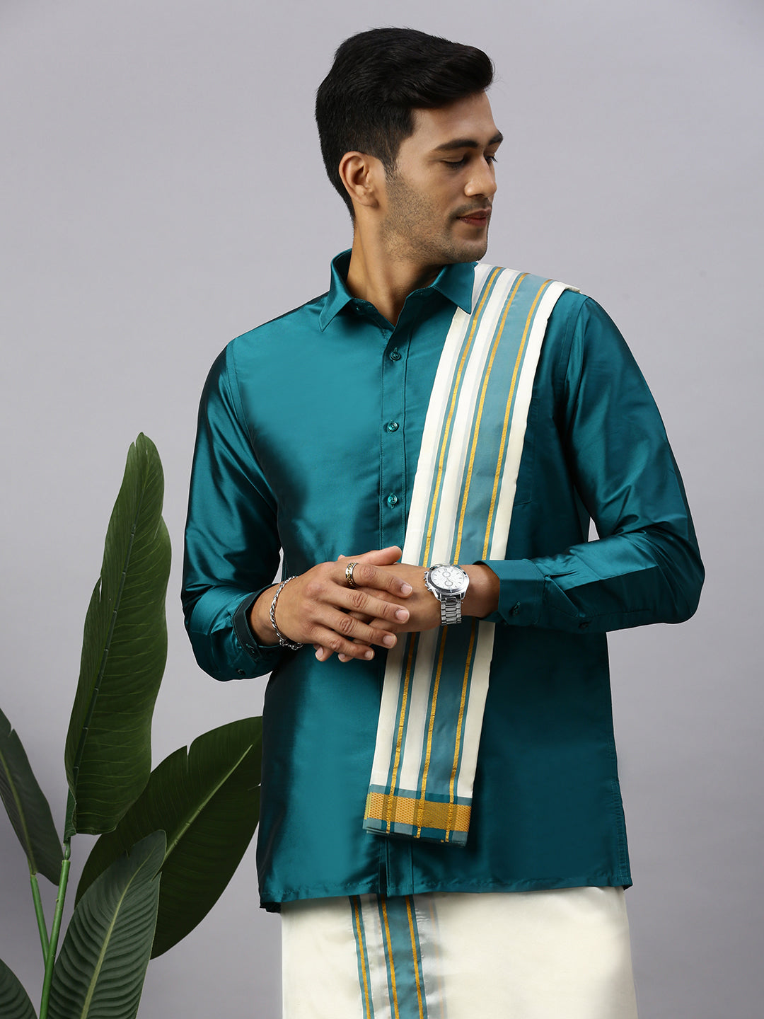 Men Full Sleeves Ramar Green Shirt with Matching Border Cream Dhoti & Towel Set K3