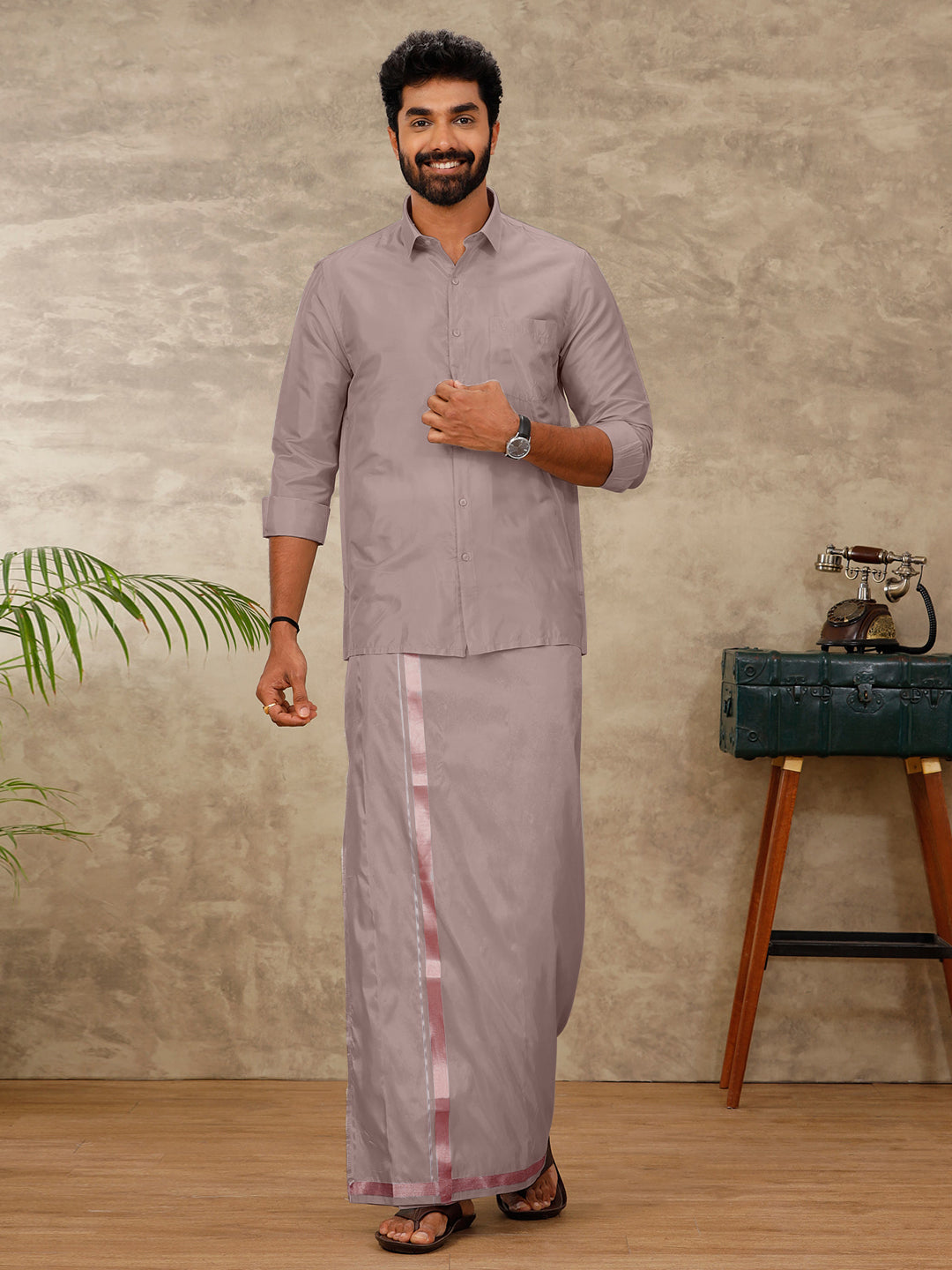 Men Art Silk Sand Stone Shirt & Dhoti Towel Set Swayamvara