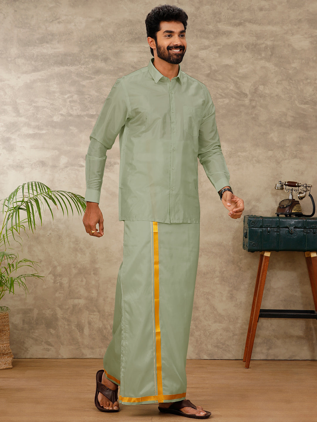 Couple Combo Shirt & Dhoti Set with Saree Green ASS71