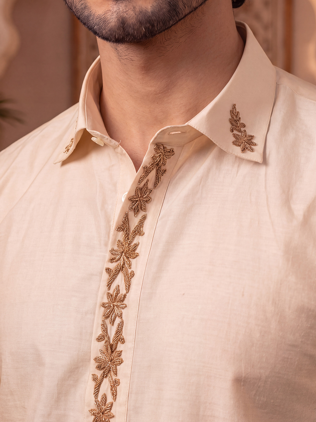 Premium Pure Tussar Silk Butterfly Hand Embroidered Customized Shirt & Dhoti Set with Zari Dozi Work on Collar & Cuffs | Vyoma Vaibhavam