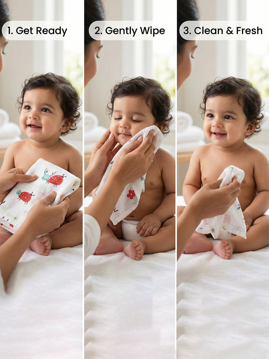 Born Baby Wash Cloth for Face & Body (Pack of 3) Soft, Absorbent Cotton | 0.35m x 0.35m