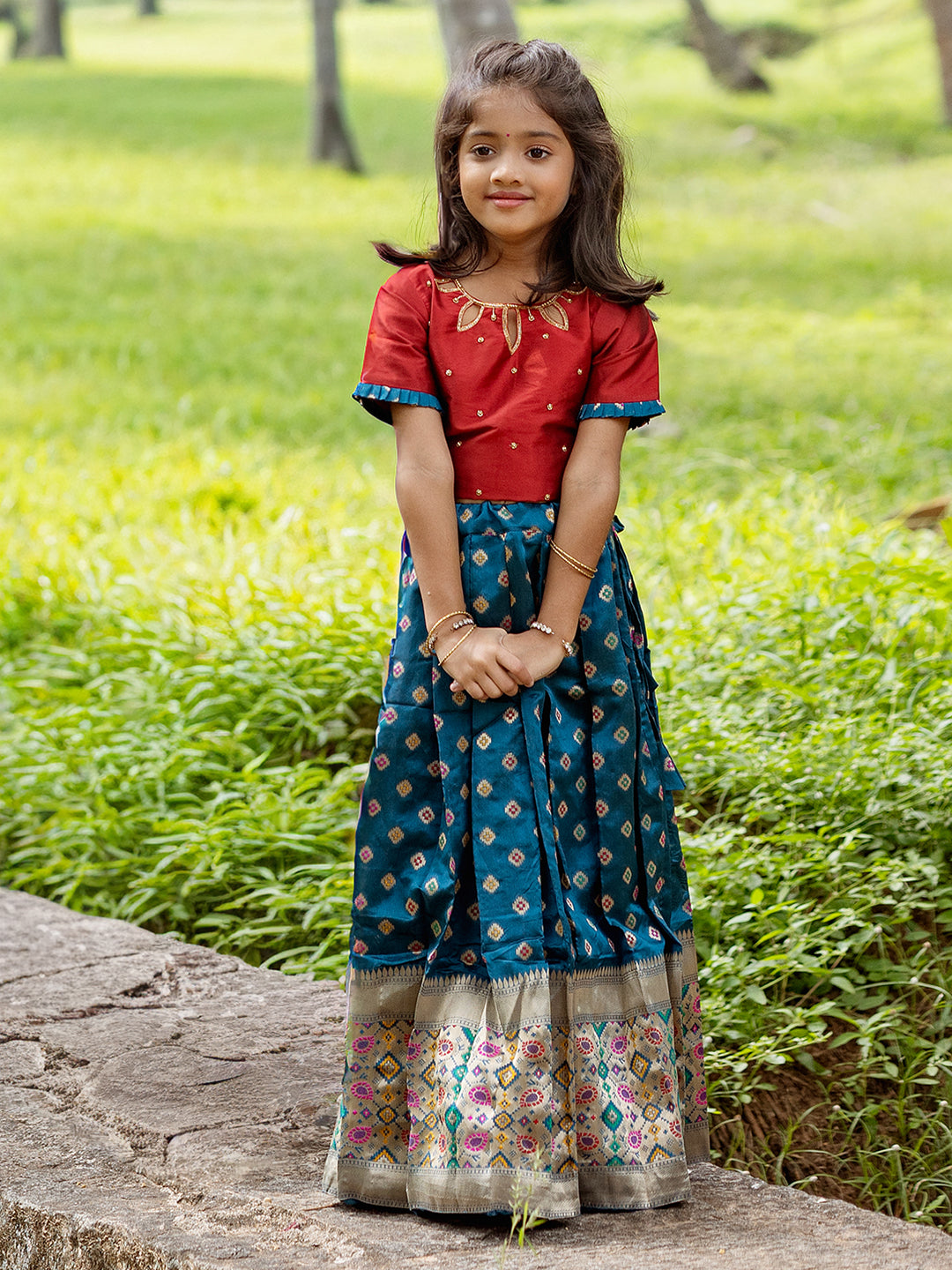 Girls Pattu Pavadai Set Red with Blue Traditional Ethnic Wear GPS34