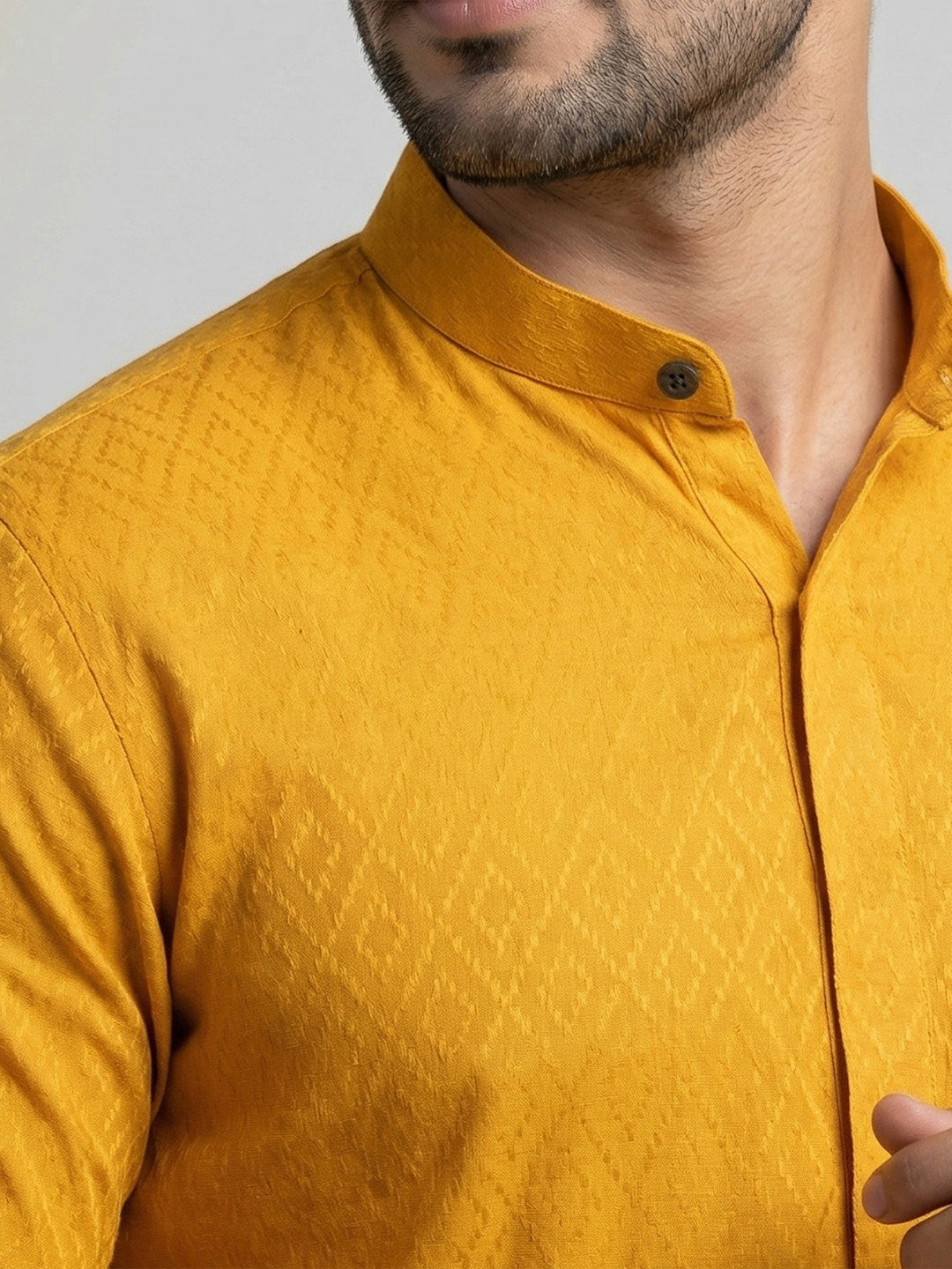 Men Cotton Short Length Self Design Pocket Kurta Glitter Yellow Y26