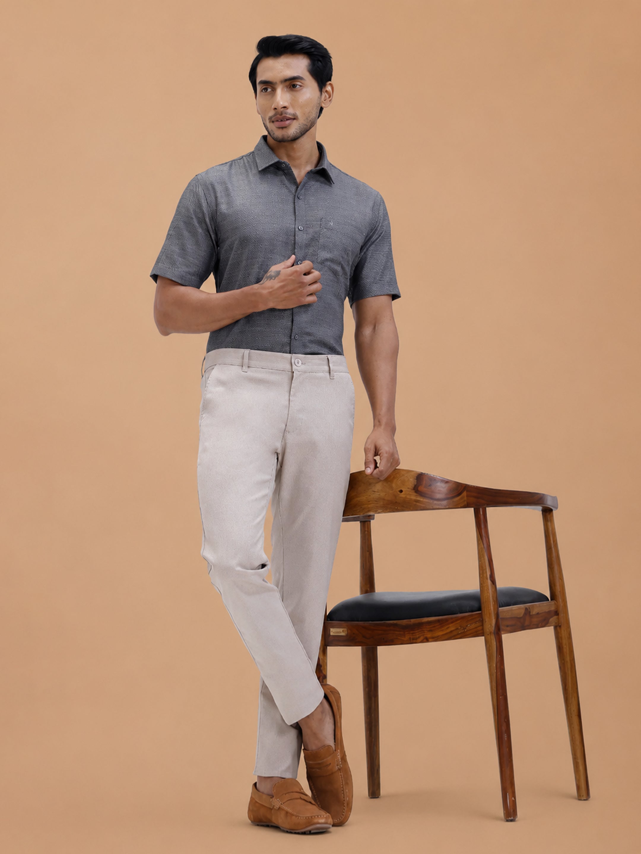 Cotton Rich Grey Black Dobby Regular Fit Shirt T59 AIT5