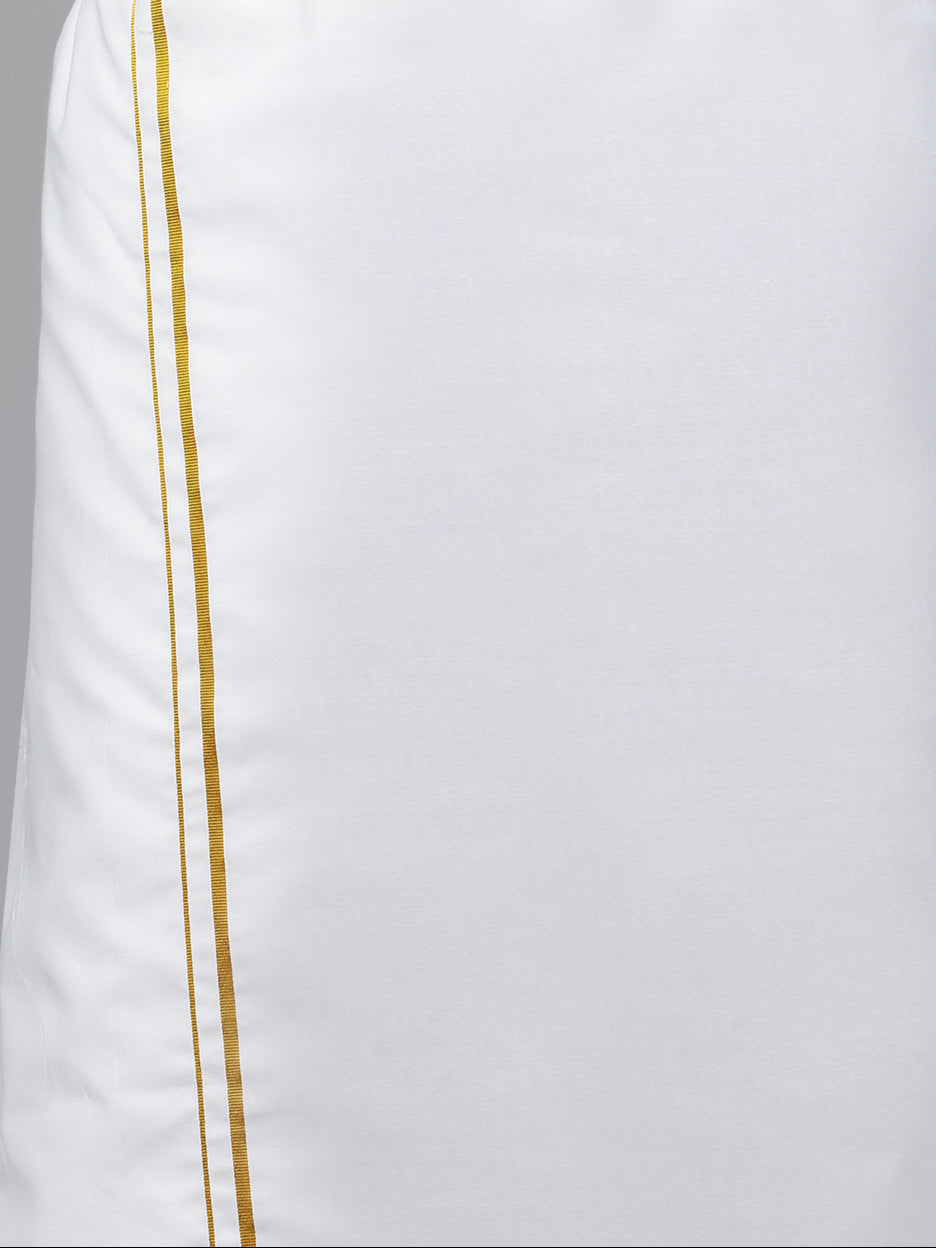 Men 100% Cotton Single Layer White Dhoti with 1/4" Gold Jari Border Aruthra
