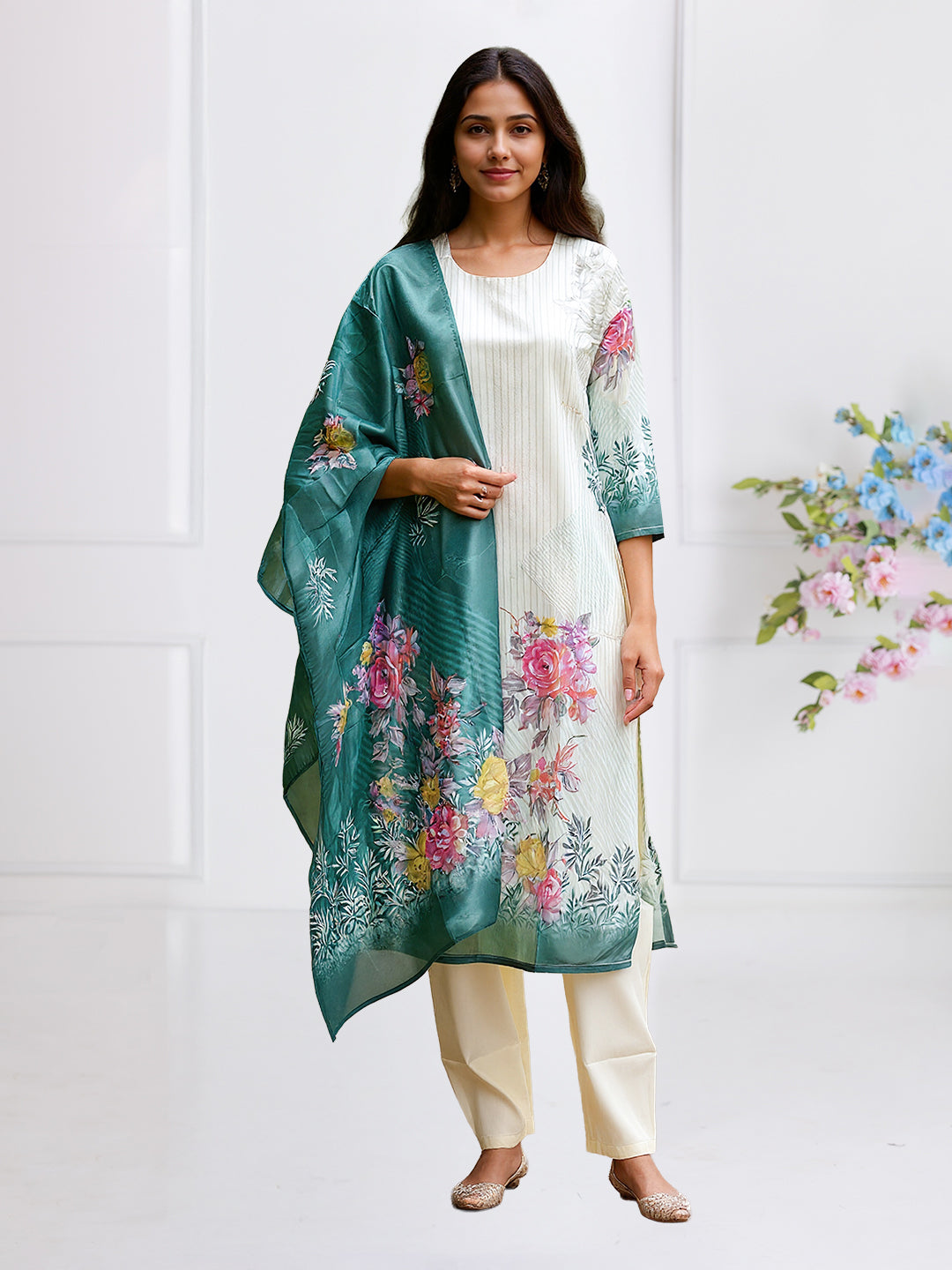 Women Green Art Silk Stripes Designed Kurti Set EKS78