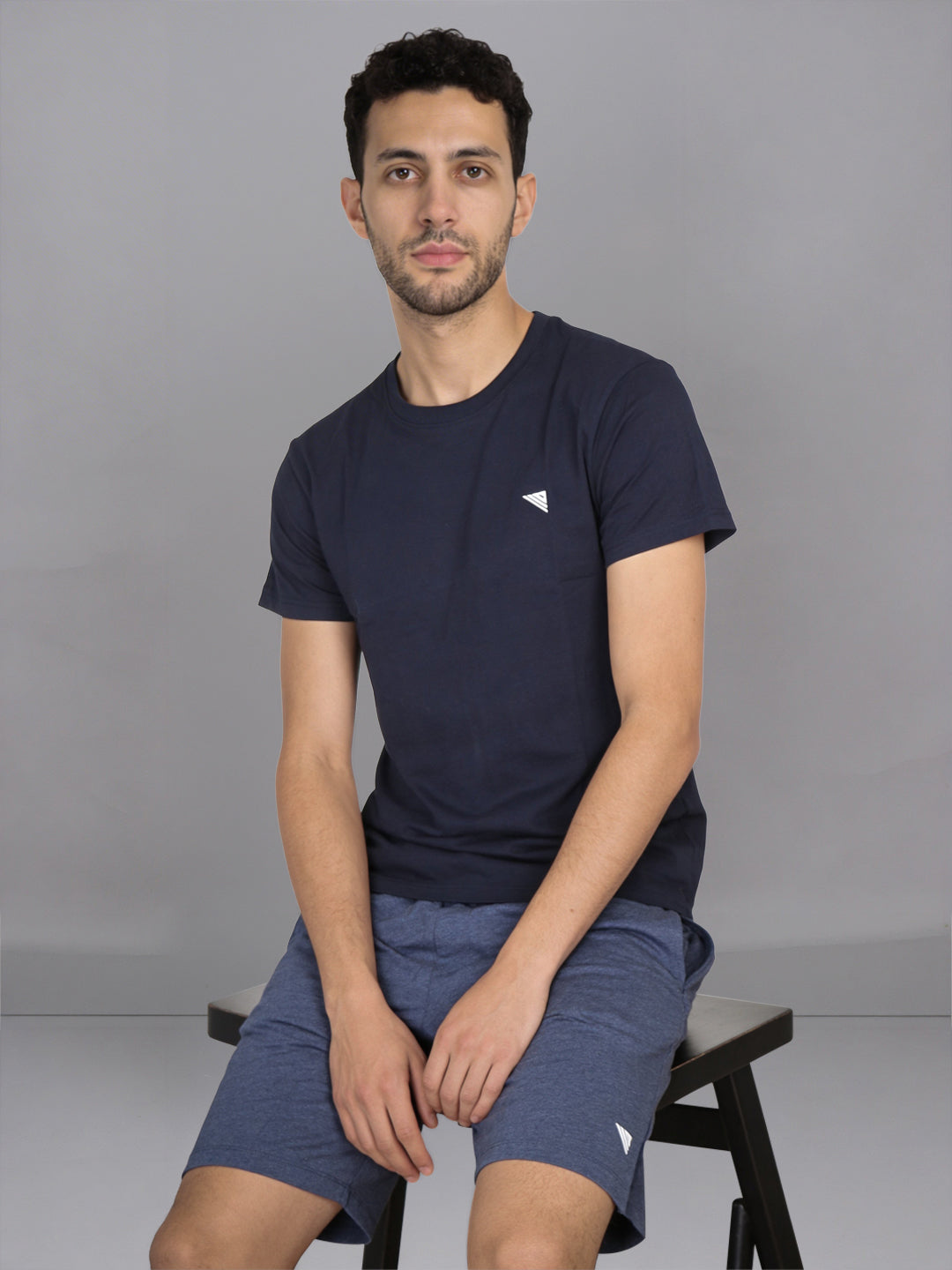 Men Navy Crew neck T-Shirt with Denim Shorts Combo ES10