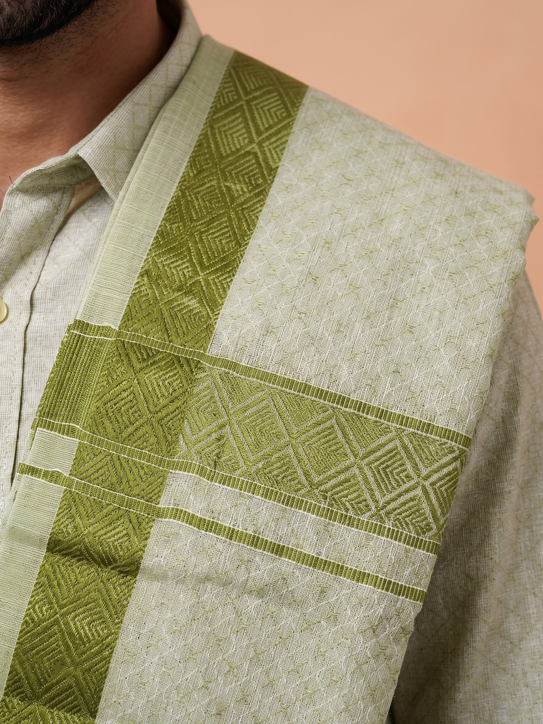 Tissue Moss Green Jacquard Shirt, Dhoti & Towel Set Set (3-in-1) | MGD13