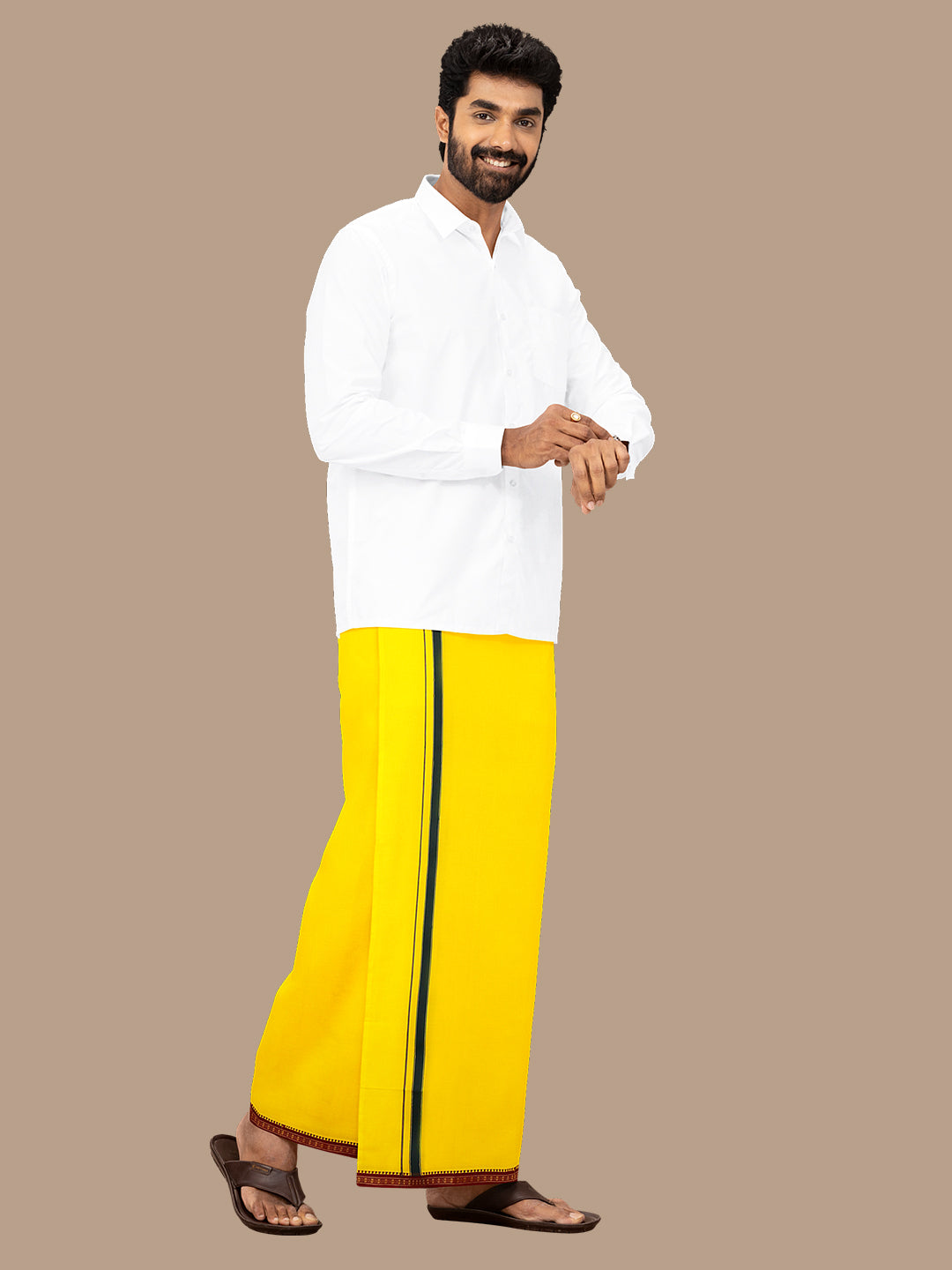 Men 100% Cotton Single Layer Yellow Dhoti with Mayilkhan Border Slokam (4 Way Dhoti )