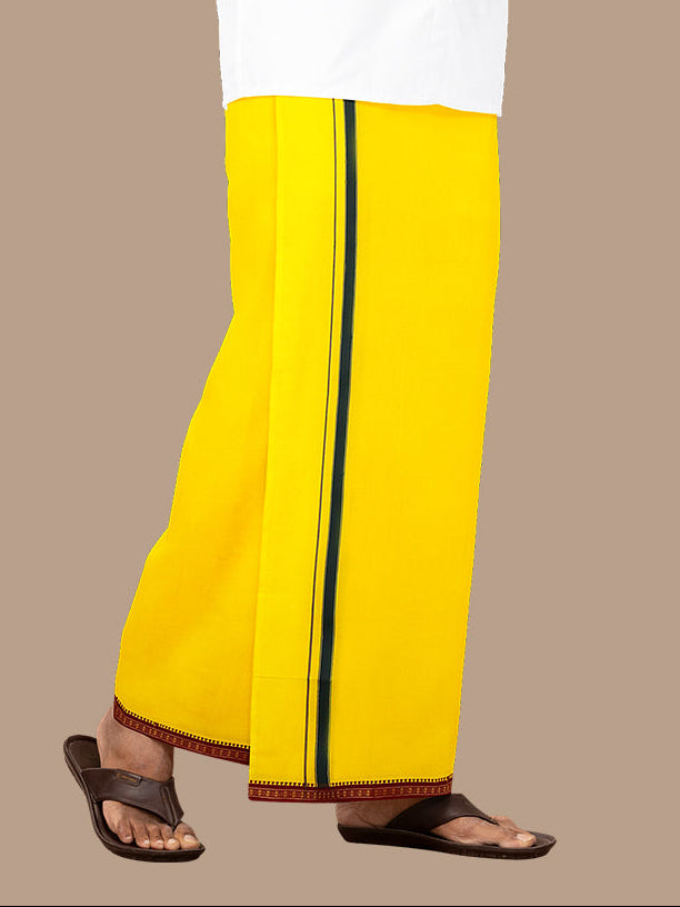 Men 100% Cotton Single Layer Yellow Dhoti with Mayilkhan Border Slokam (4 Way Dhoti )