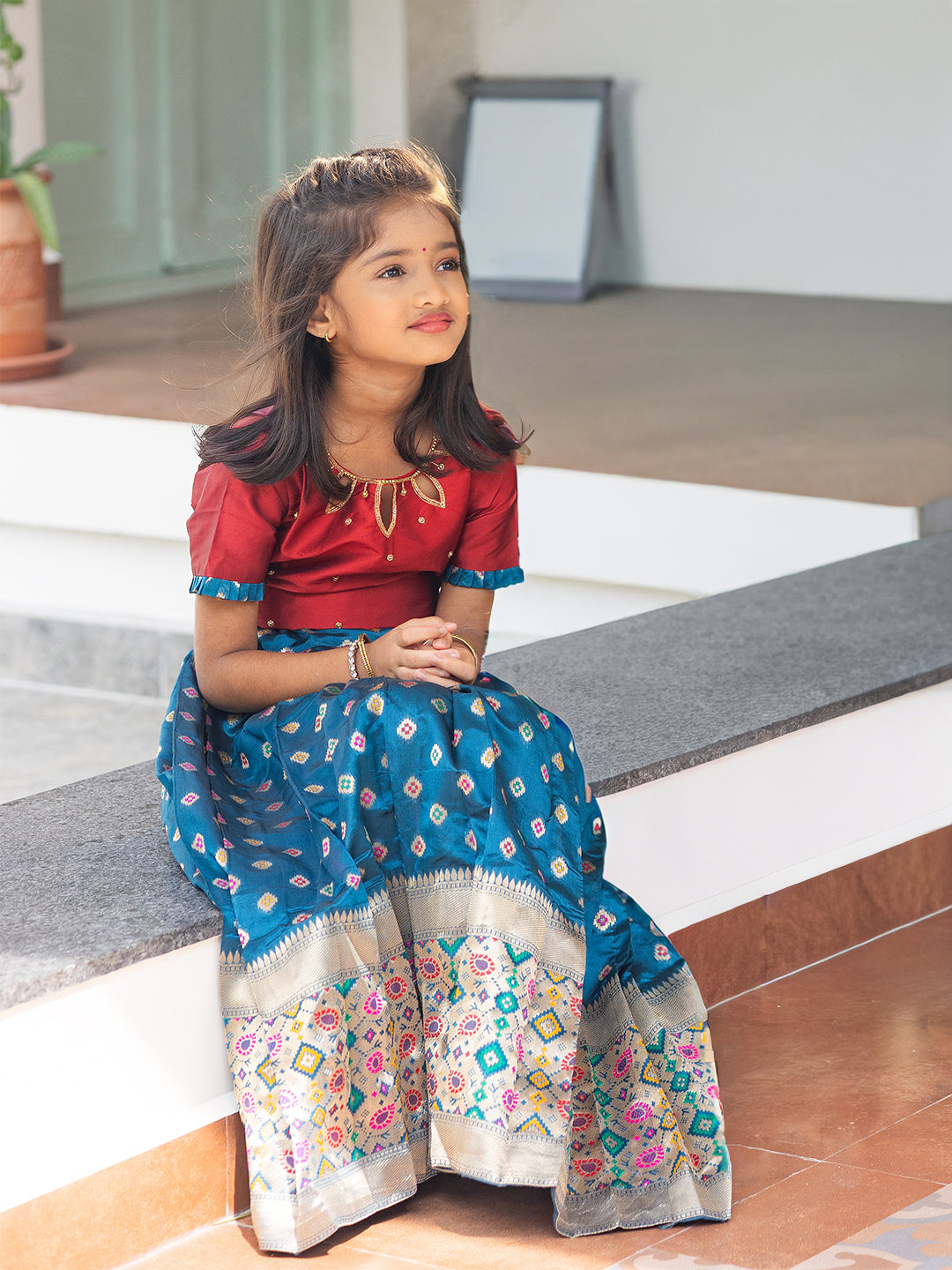 Girls Pattu Pavadai Set Red with Blue Traditional Ethnic Wear GPS34
