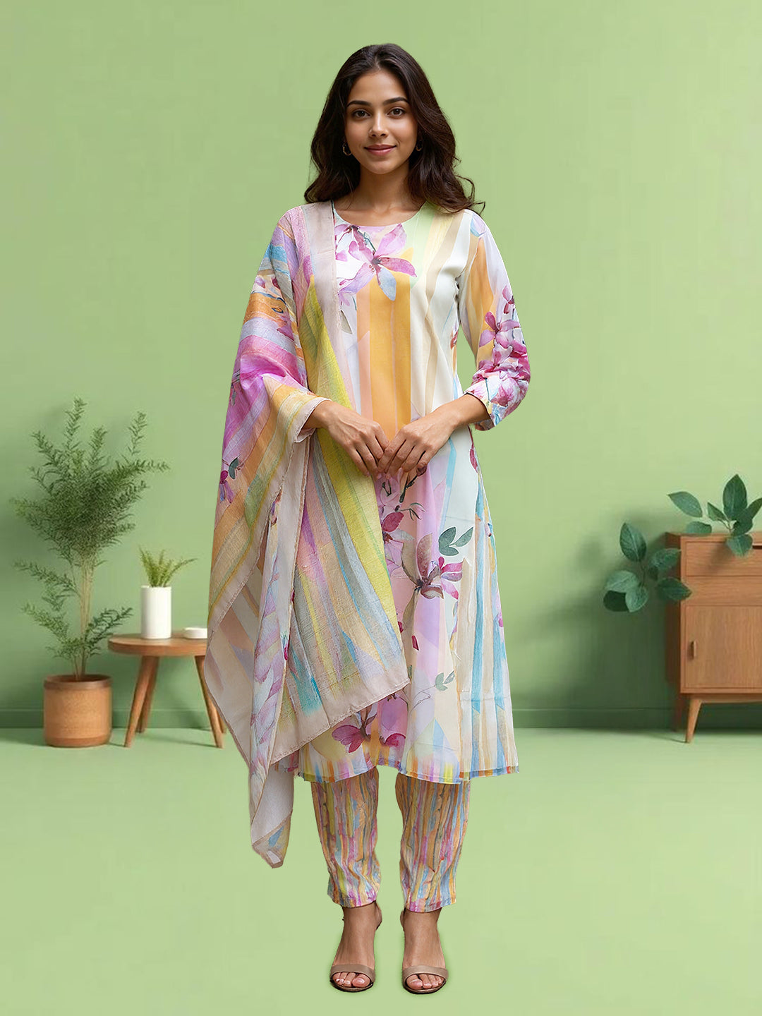 Women Multi Coloured Printed Kurti Set EKS79