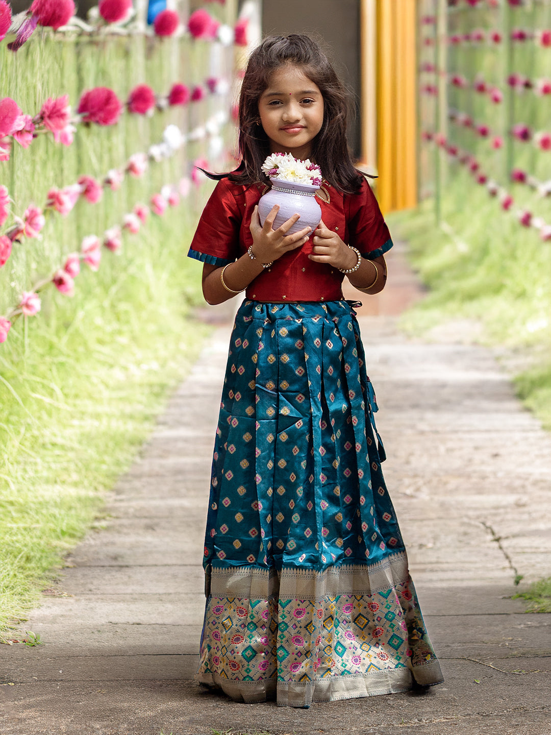 Girls Pattu Pavadai Set Red with Blue Traditional Ethnic Wear GPS34