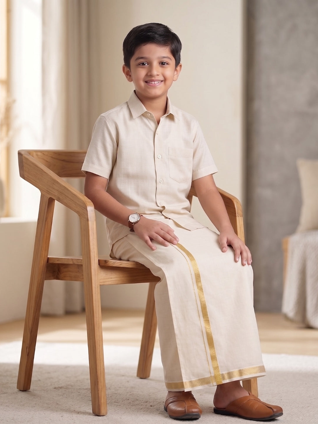 Boys Tissue Antique Gold Shirt & Dhoti Set