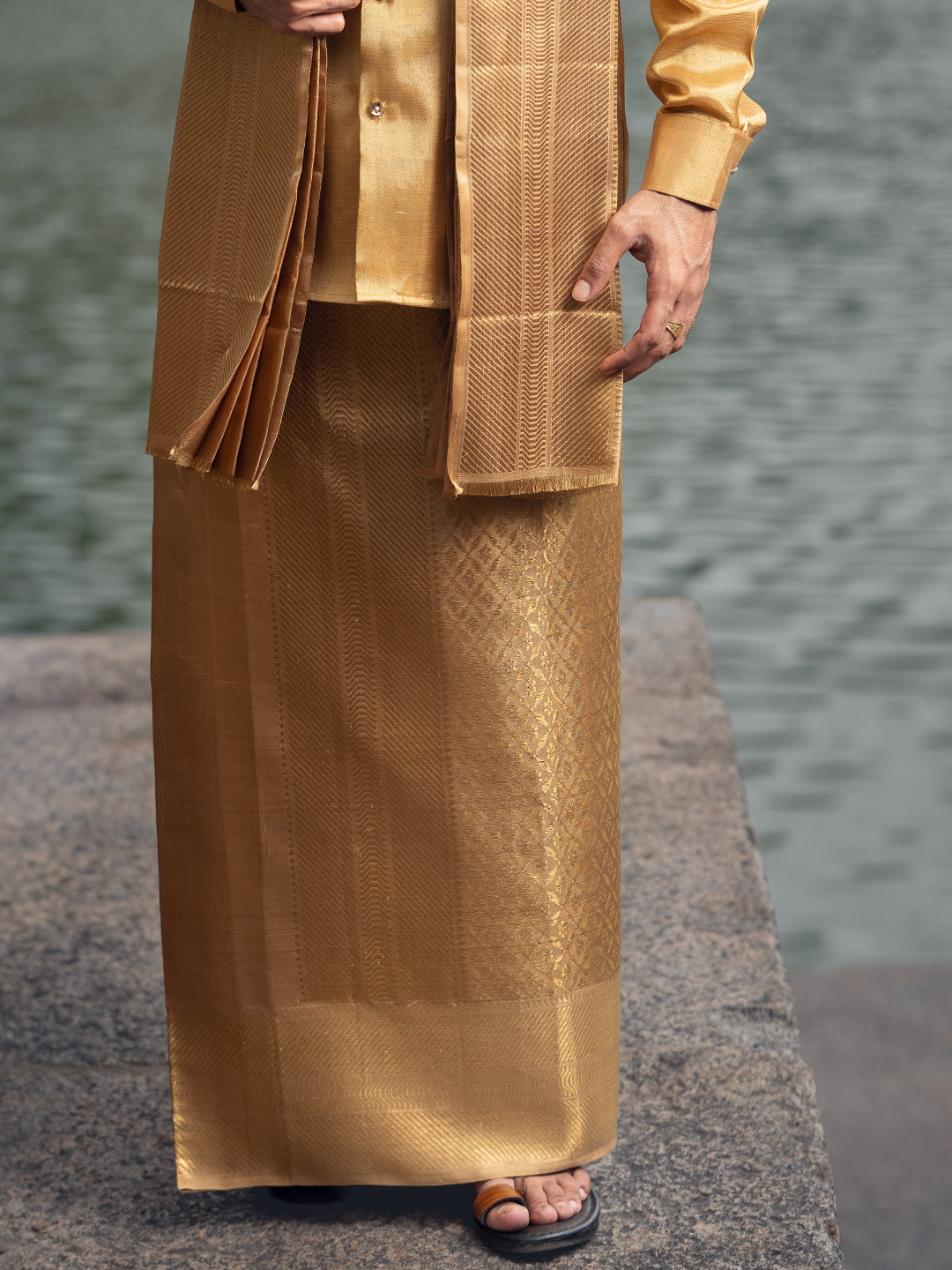 Premium Silk Pure Jari Gold Jacquard Weaving Dhoti Shirting & Towel Set with 5" Jari Border – Rajadharbar