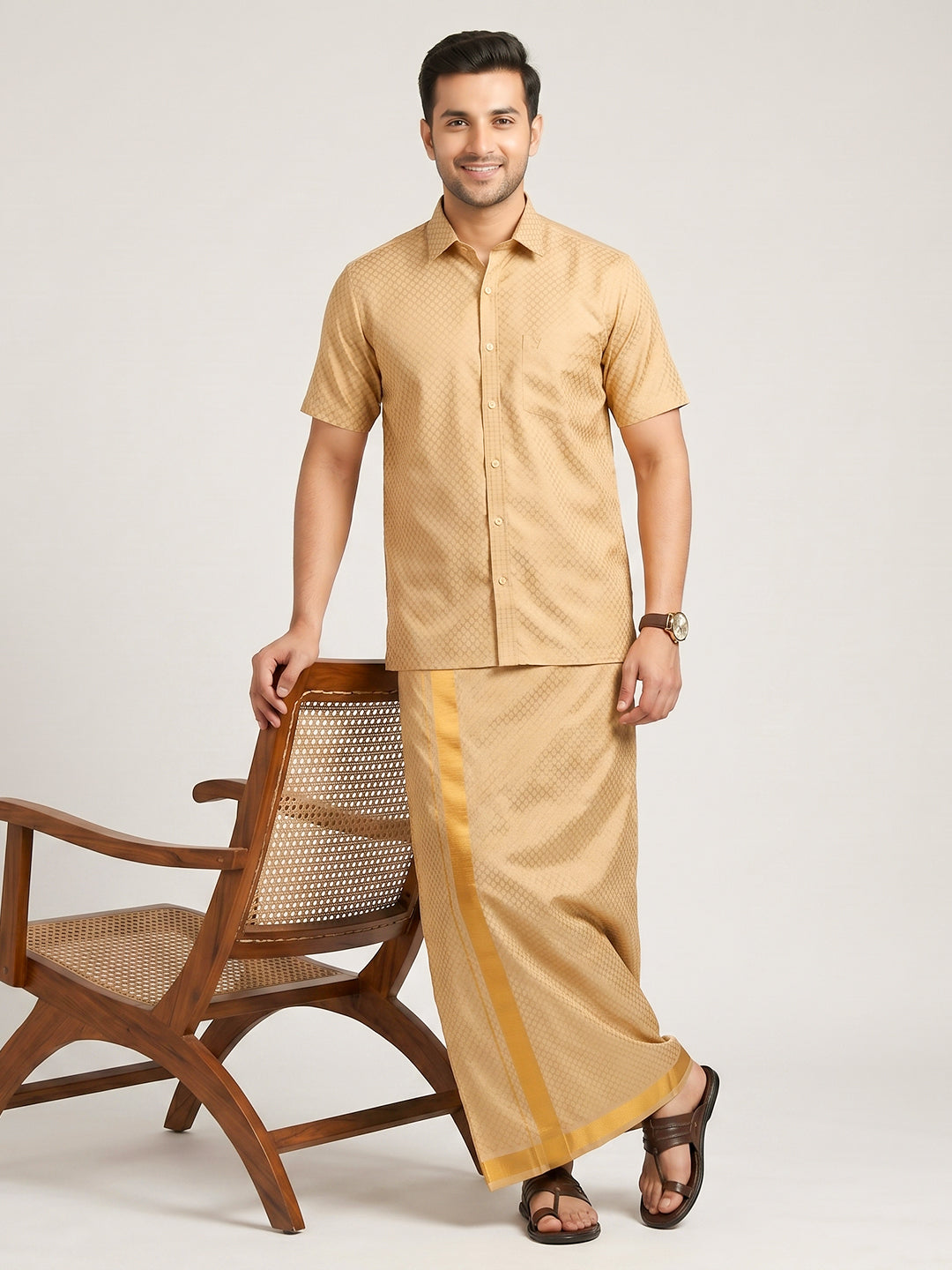 Men Gold Tissue Jacquard Shirt with Matching Dhoti Set GDP3