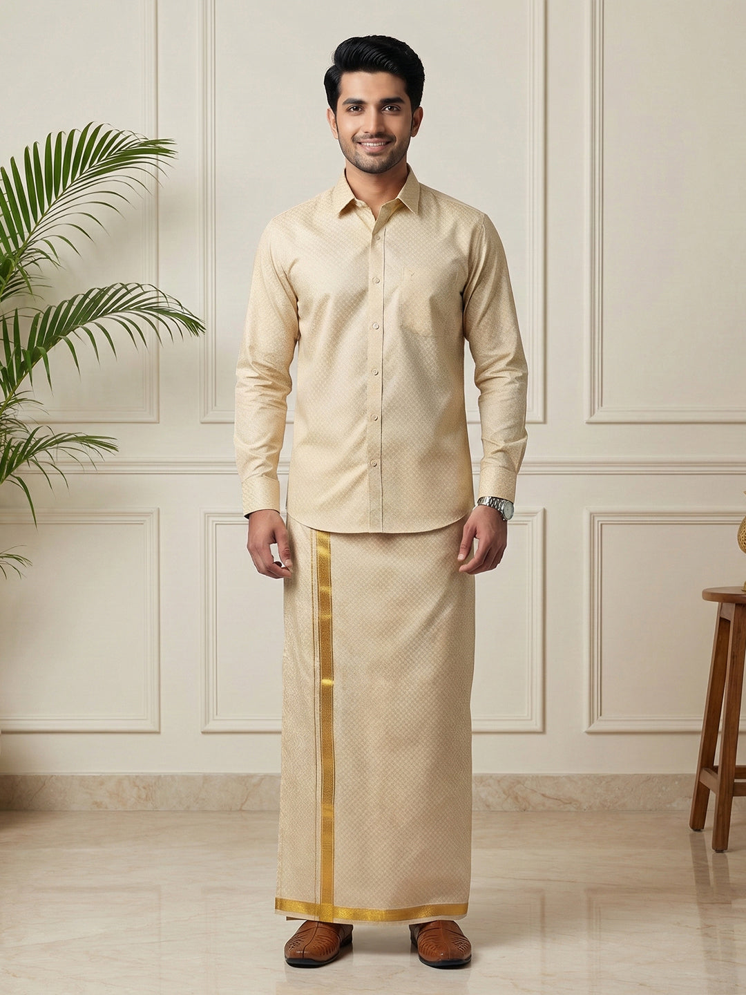 Men Gold Tissue Jacquard Shirt with Readymade Dhoti Set GD13