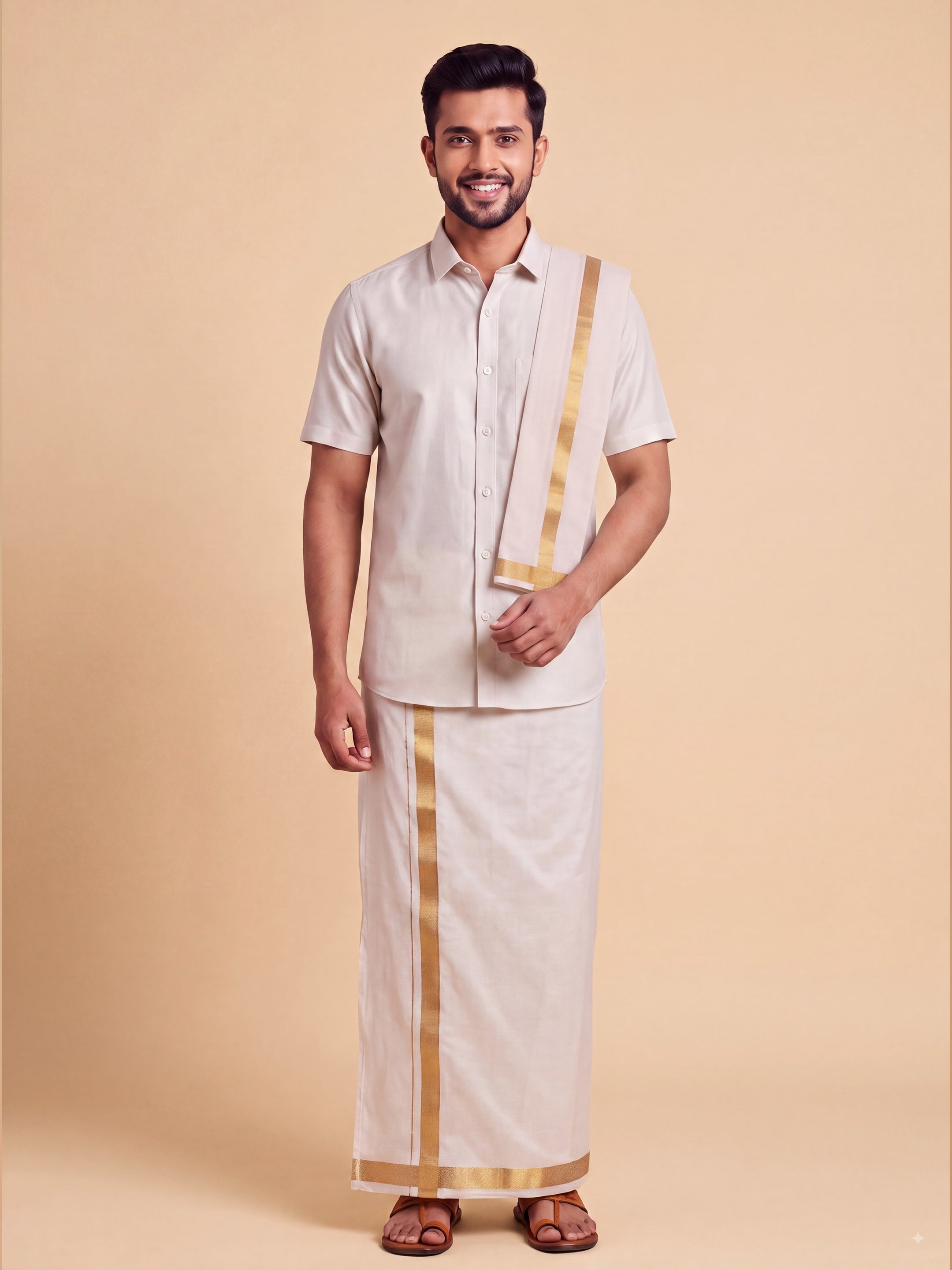 Tissue Antique Gold Shirt Dhoti & Towel (3-in-1)Set