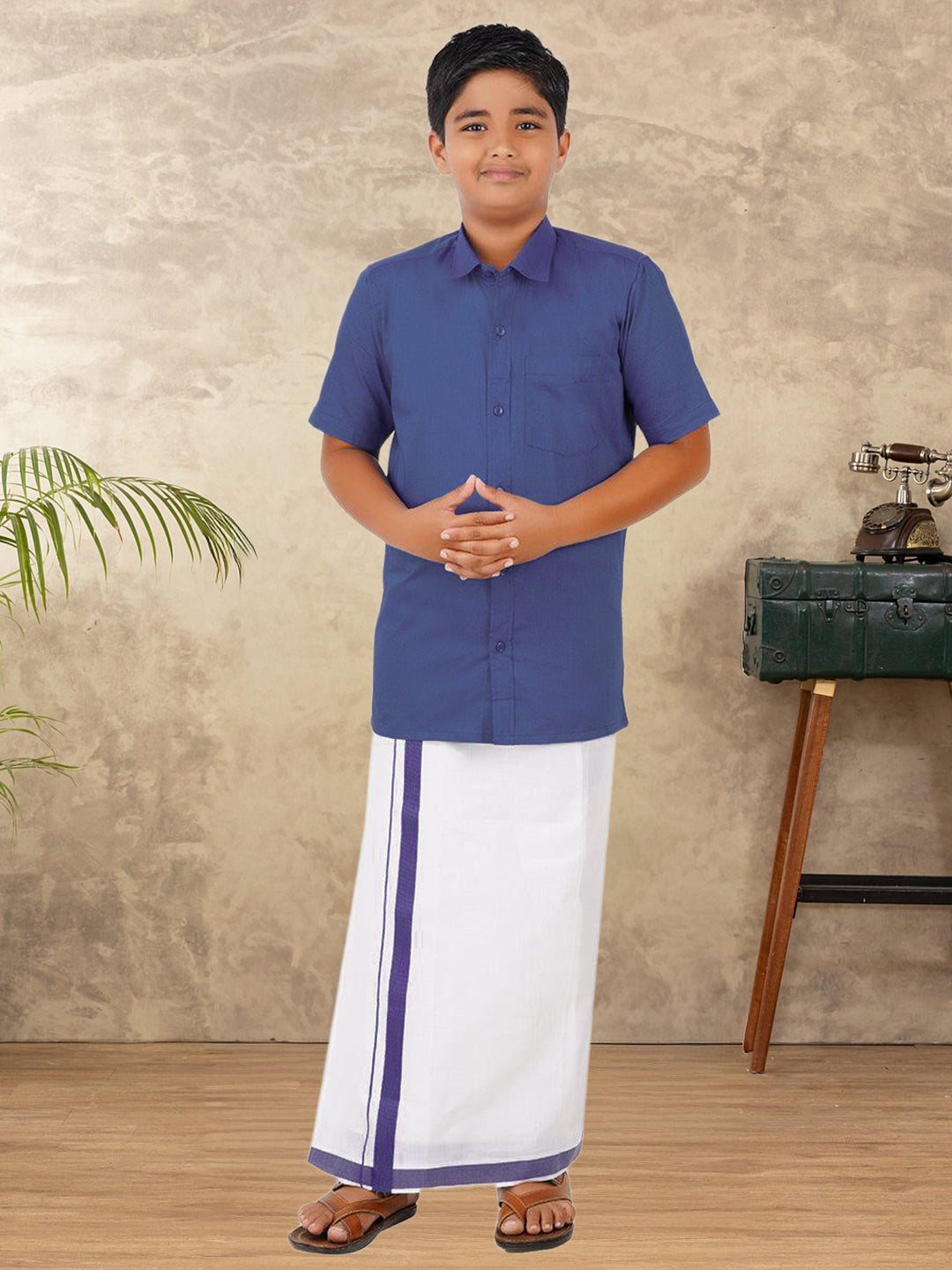 Boys Matching Border Dhoti & Shirt Combo Dark Blue