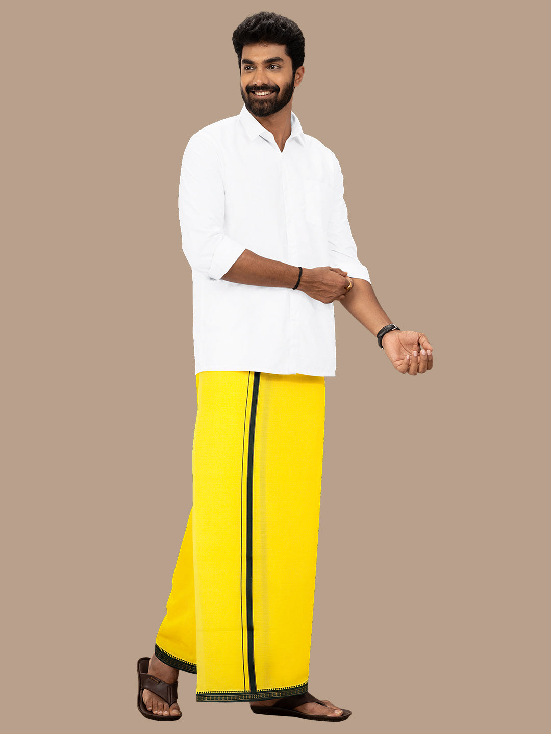 Men 100% Cotton Single Layer Yellow Dhoti with Mayilkhan Border Slokam (4 Way Dhoti )
