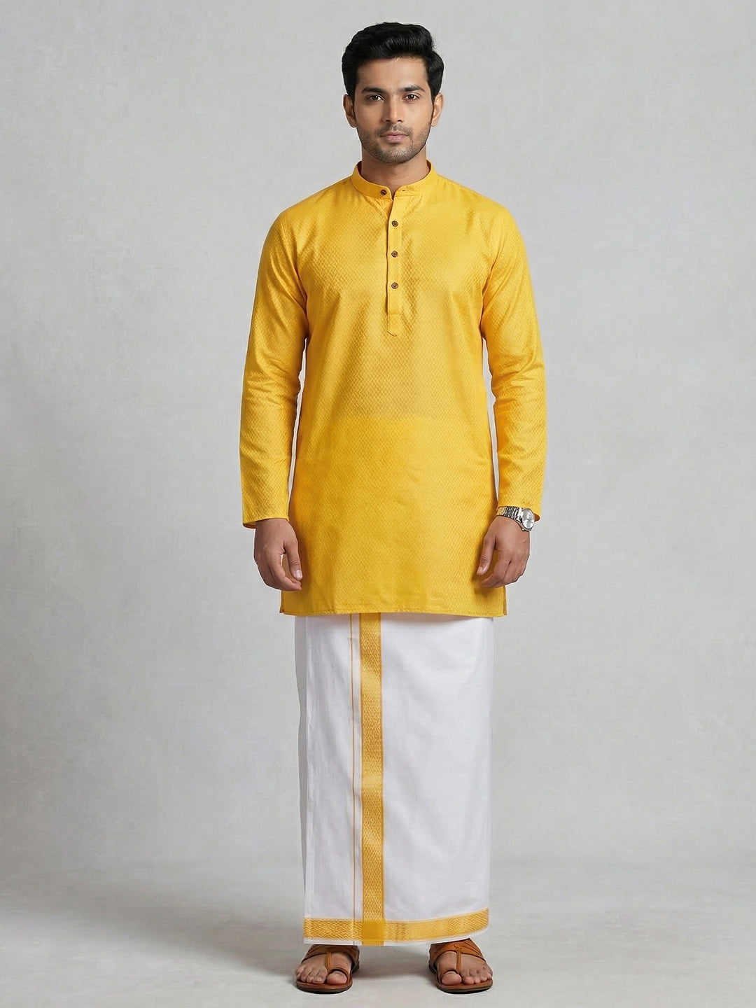 Men Yellow Medium Length Kurta with Matching Border Dhoti Set MHJ9