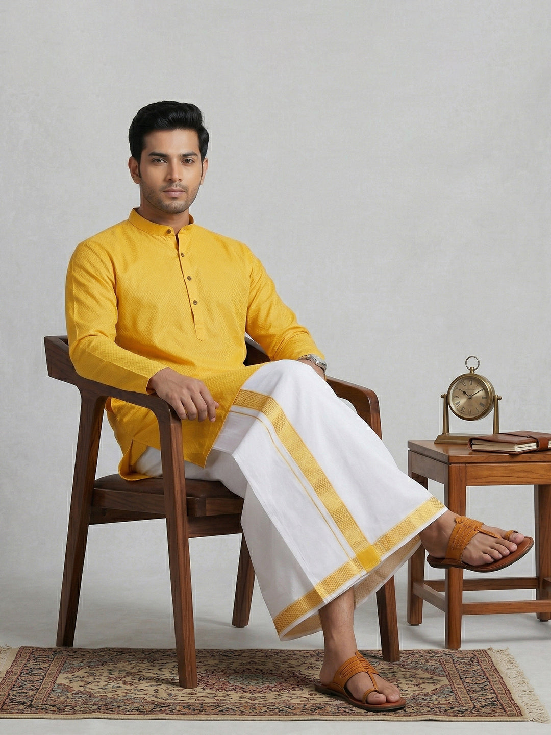 Men Yellow Medium Length Kurta with Matching Border Dhoti Set MHJ9