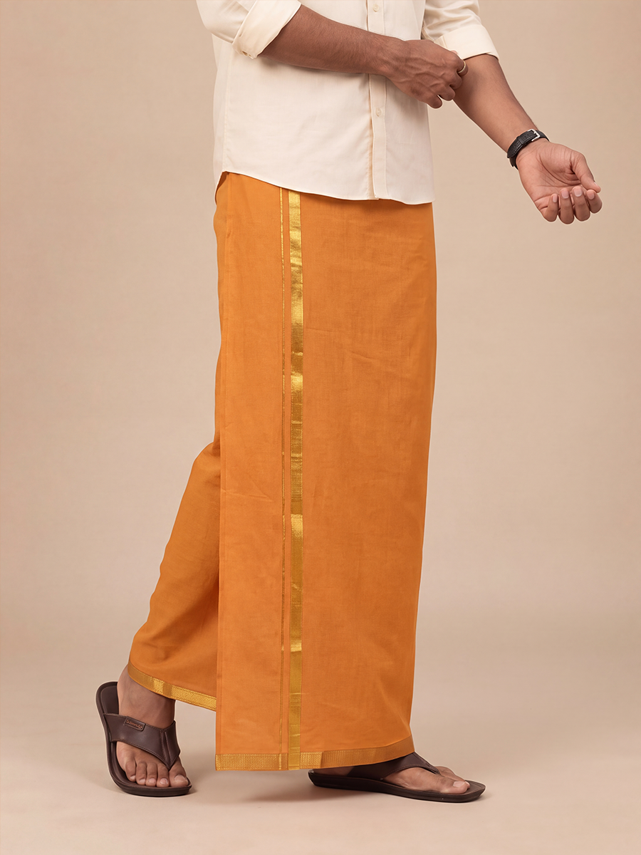 Single Layer Cotton Blend Kaavi Dhoti with Gold Jari Border - Cosmic 2m