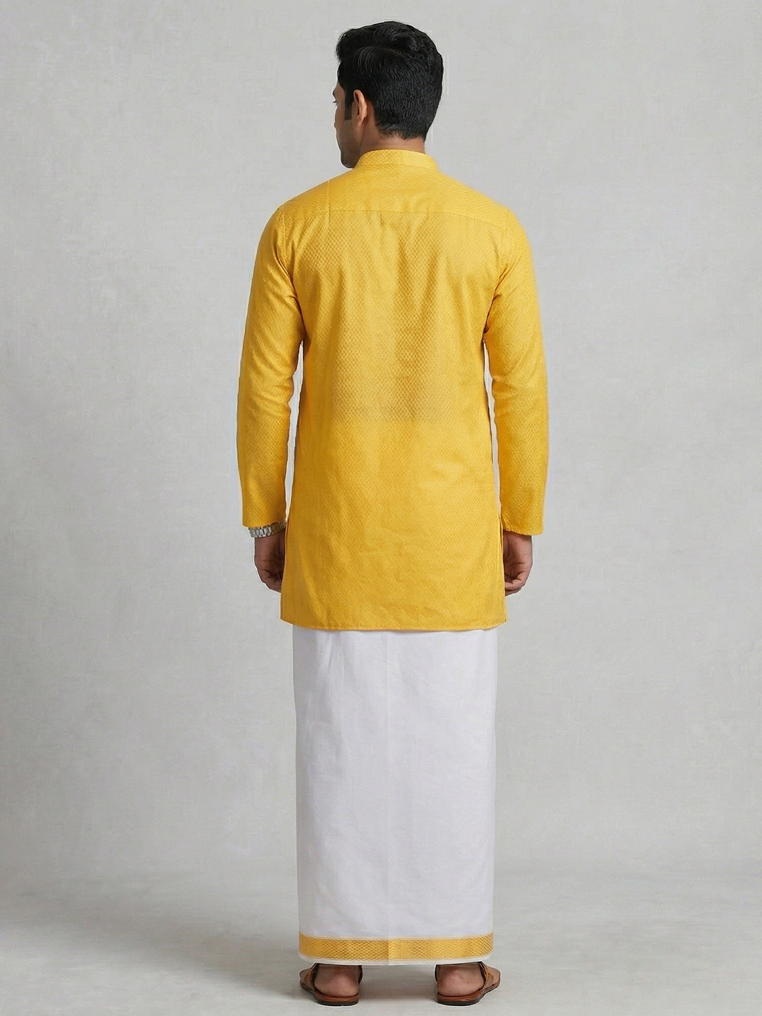 Men Yellow Medium Length Kurta with Matching Border Dhoti Set MHJ9