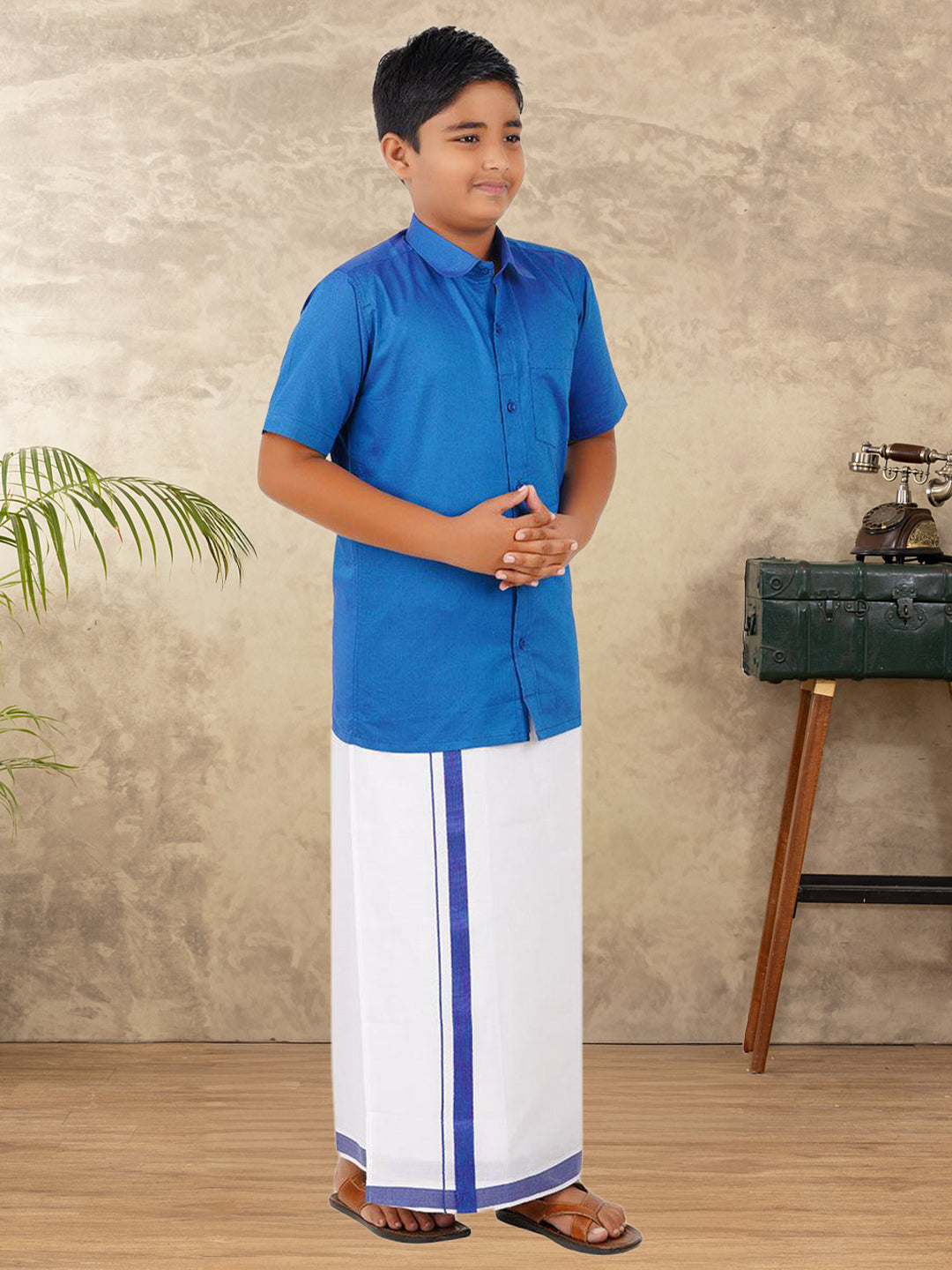Boys Vetti Vaaram Matching Border Dhoti & Shirt Combo Blue