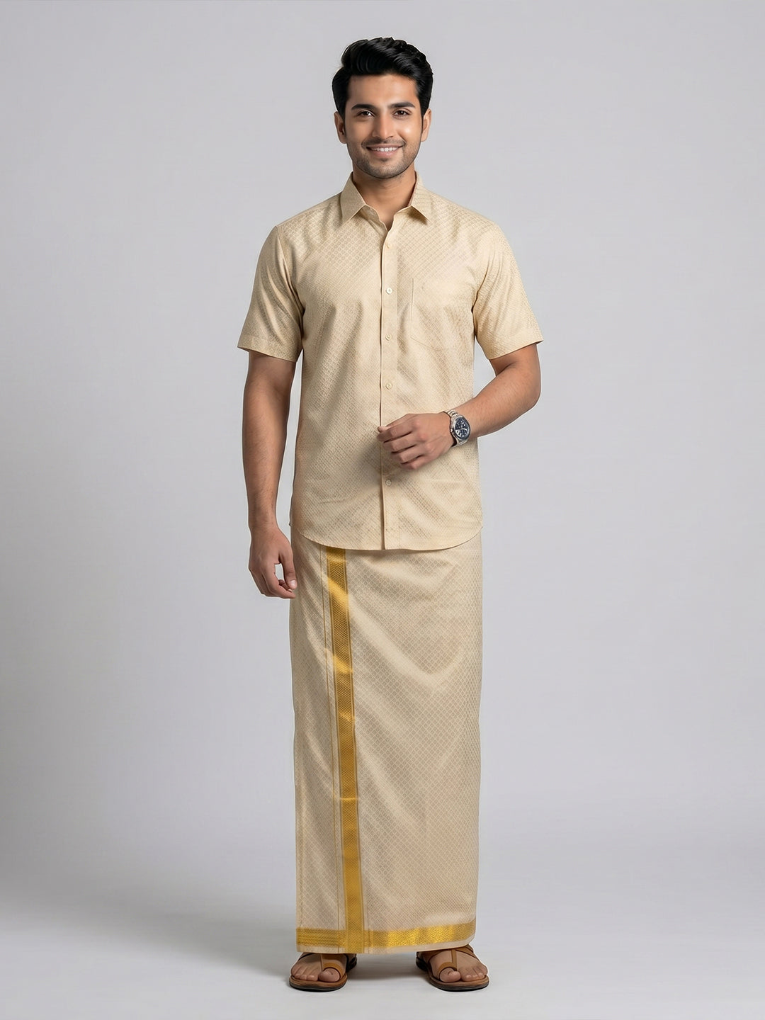 Men Gold Tissue Jacquard Shirt with Readymade Dhoti Set GD13