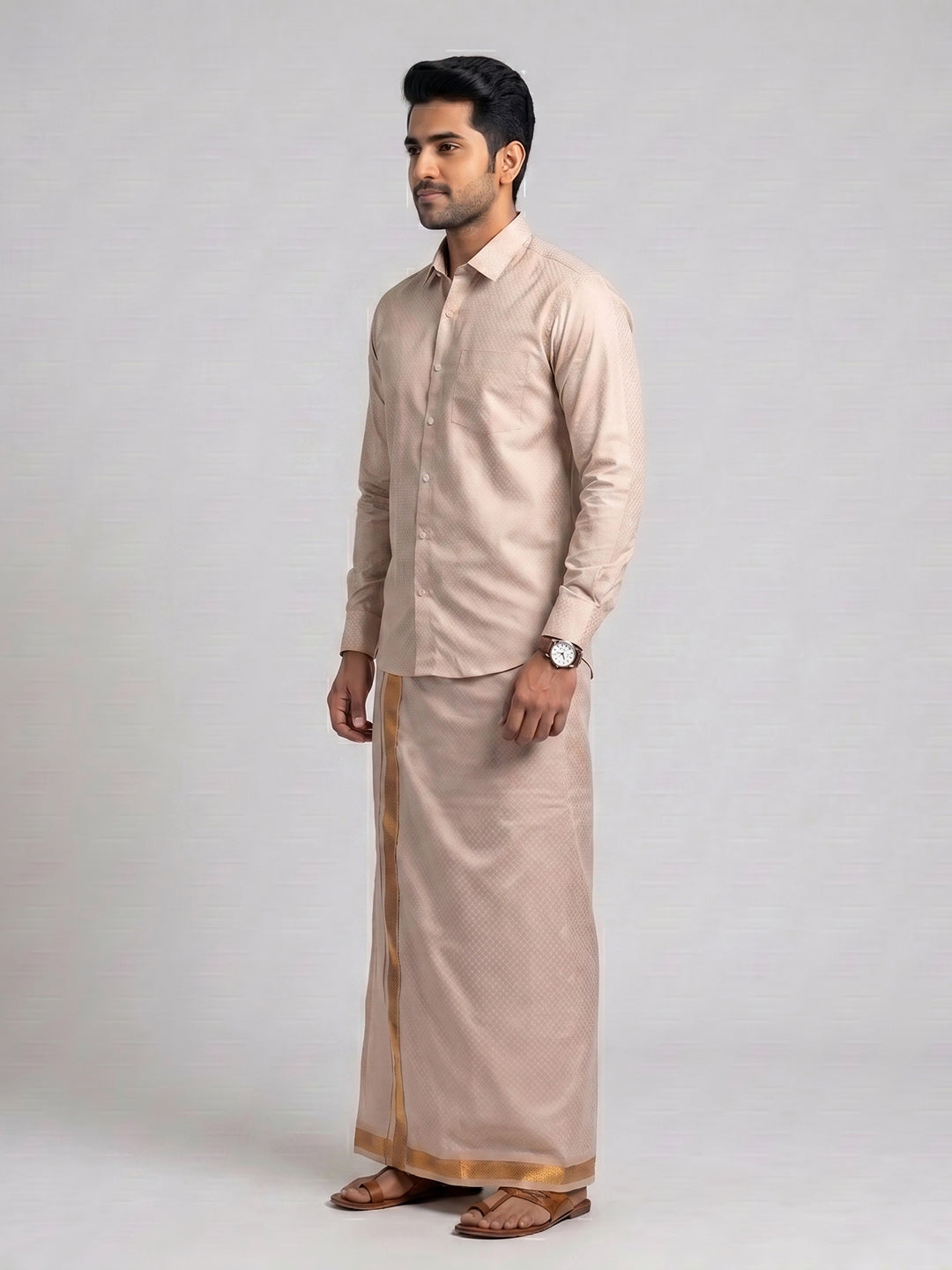 Men Copper Tissue Jacquard Shirt with Readymade Dhoti Set CD13