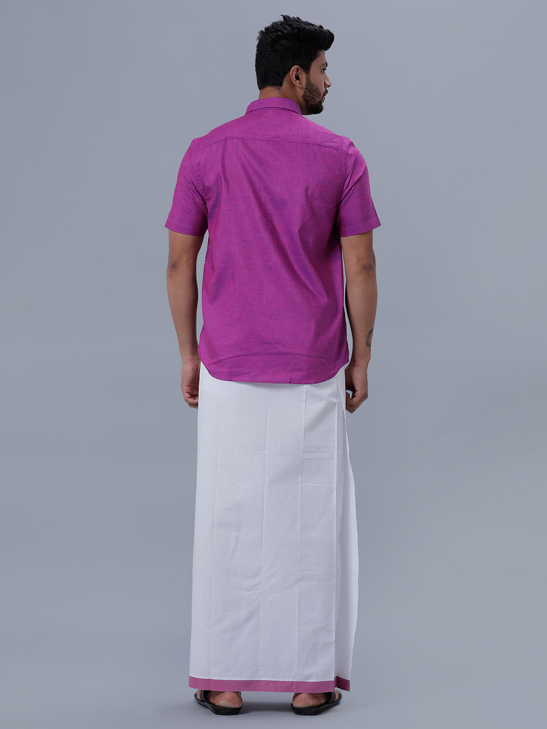 Mens Matching Border Adjustable Dhoti & Half Sleeves Shirt Set C49-Back view
